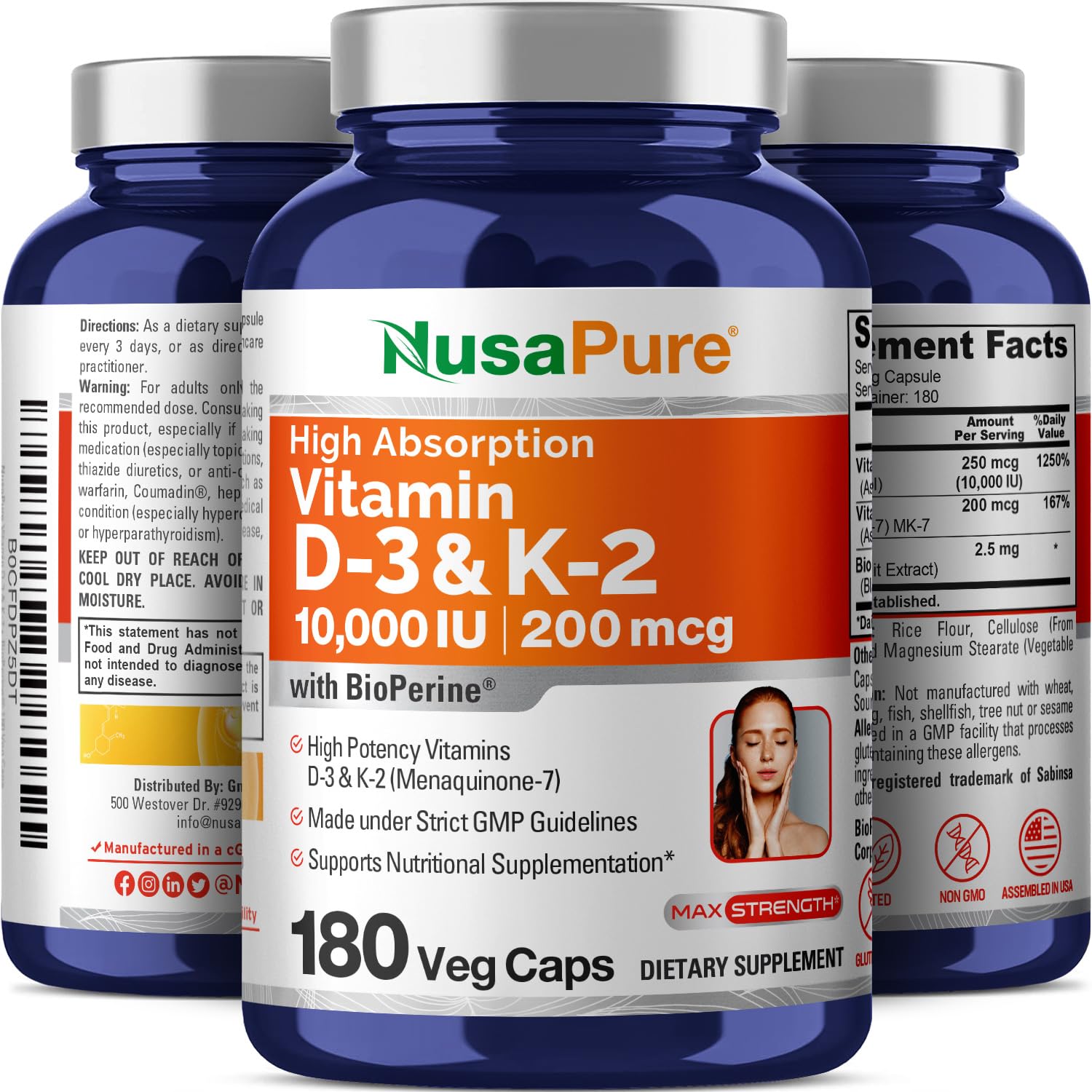 NusaPure Vitamin K2 (MK7) (200mcg) + Vitamin D3 (10000 IU) 180 Veg Caps - Bioperine, Soyfree, Non-GMO NusaPureAu supplements