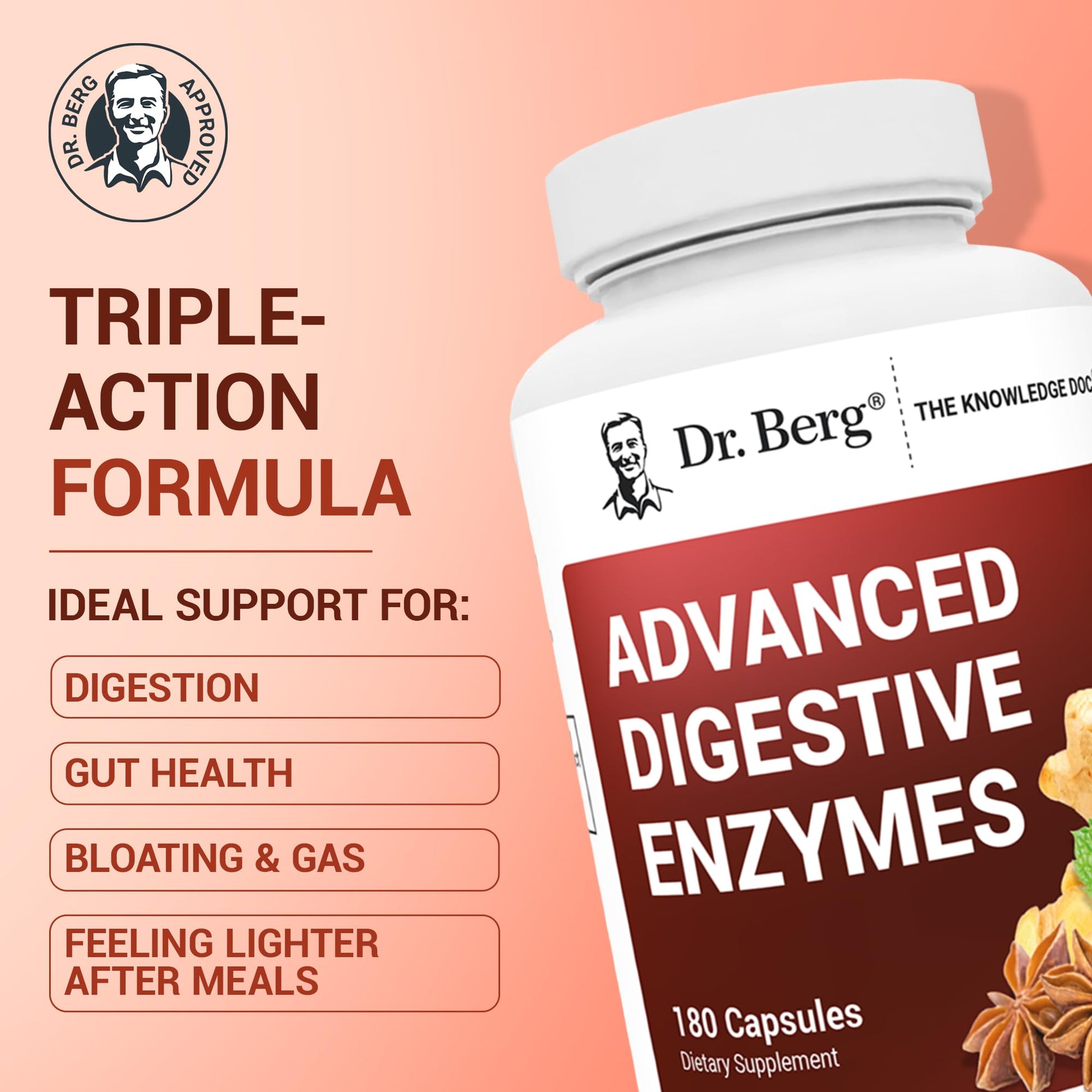 Dr. Berg Advanced Digestive Enzymes with Apple Cider Vinegar - Includes Digestive Health Ingredients Like Betaine Hydrochloride (HCI), Ginger Root & Peppermint Leaf - 180 Capsules Dr. Berg NutritionalsAu supplements