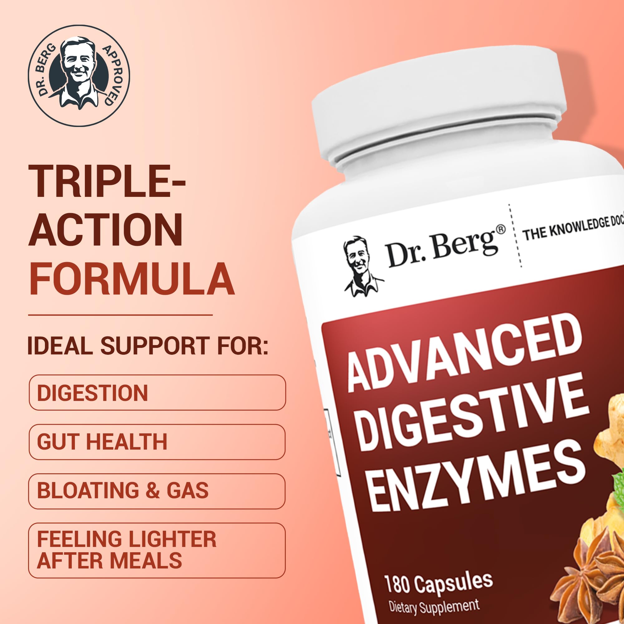 Dr. Berg Advanced Digestive Enzymes with Apple Cider Vinegar - Includes Digestive Health Ingredients Like Betaine Hydrochloride (HCI), Ginger Root & Peppermint Leaf - 180 Capsules Dr. Berg NutritionalsAu supplements