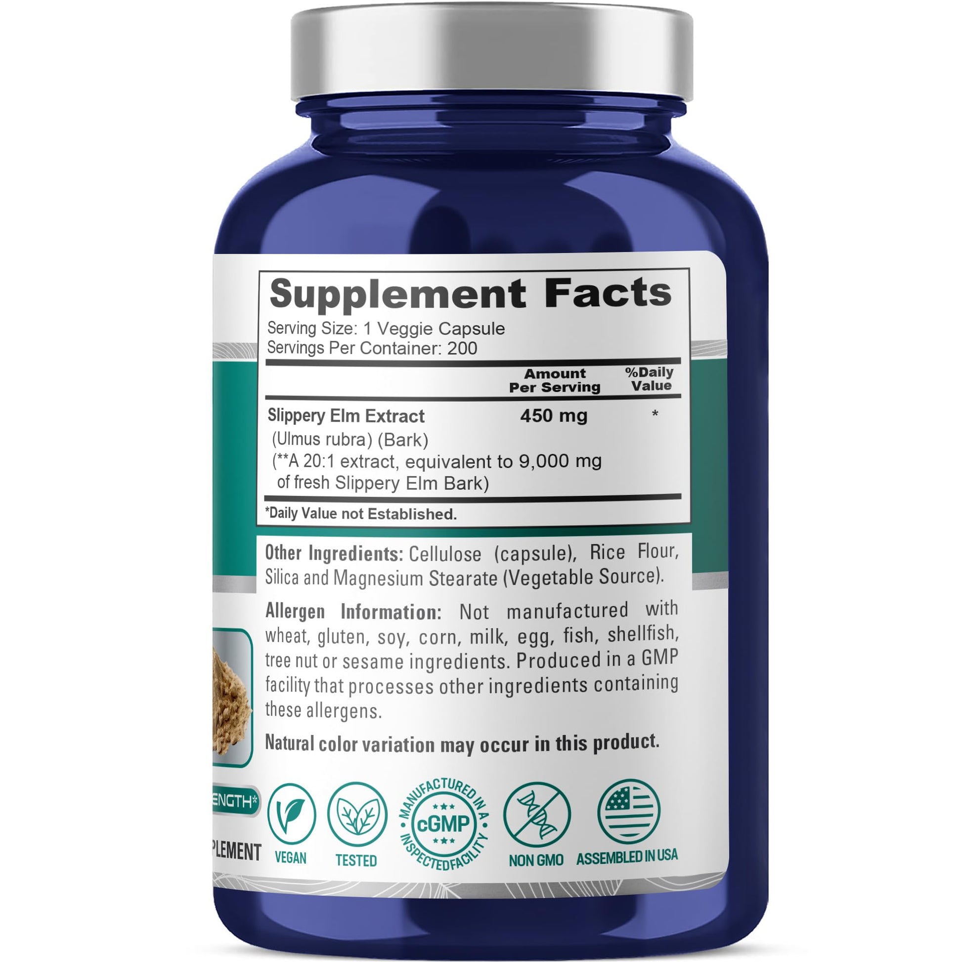 NusaPure Slippery Elm Bark 20:1 Extract, 450 mg Equivalent to 9,000mg 200 Veggie Capsules (Non-GMO, Vegan) NusaPureAu supplements