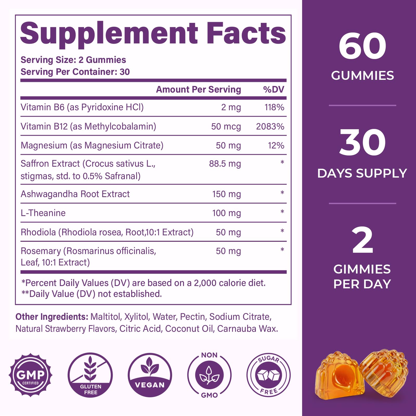 Saffron Supplements Gummies, 88.5mg Pure Saffron Extract with Ashwagandha L-Theanine Rhodiola Rosemary Magnesium Vitamin B6 B12 for Mood Focus Support Adults Kids - 60 Count VEGETUSMAXAu supplements