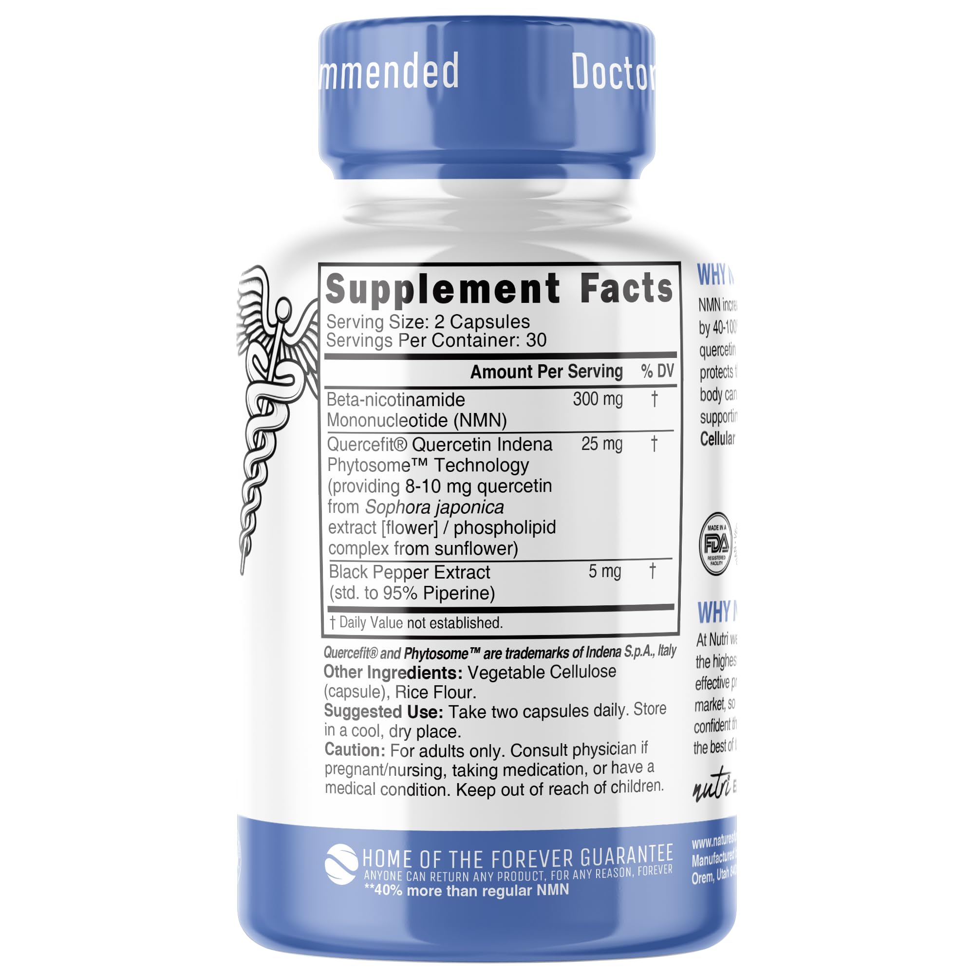 NMN Supplement 300mg NAD Supplement - Nutri Ultra High Absorption Stabilized NMN Nicotinamide Mononucleotide, 40% More NAD+ with Quercetin Phytosome & Black Pepper - mnm supplement (60 Capsules) Nature's FusionsAu supplements