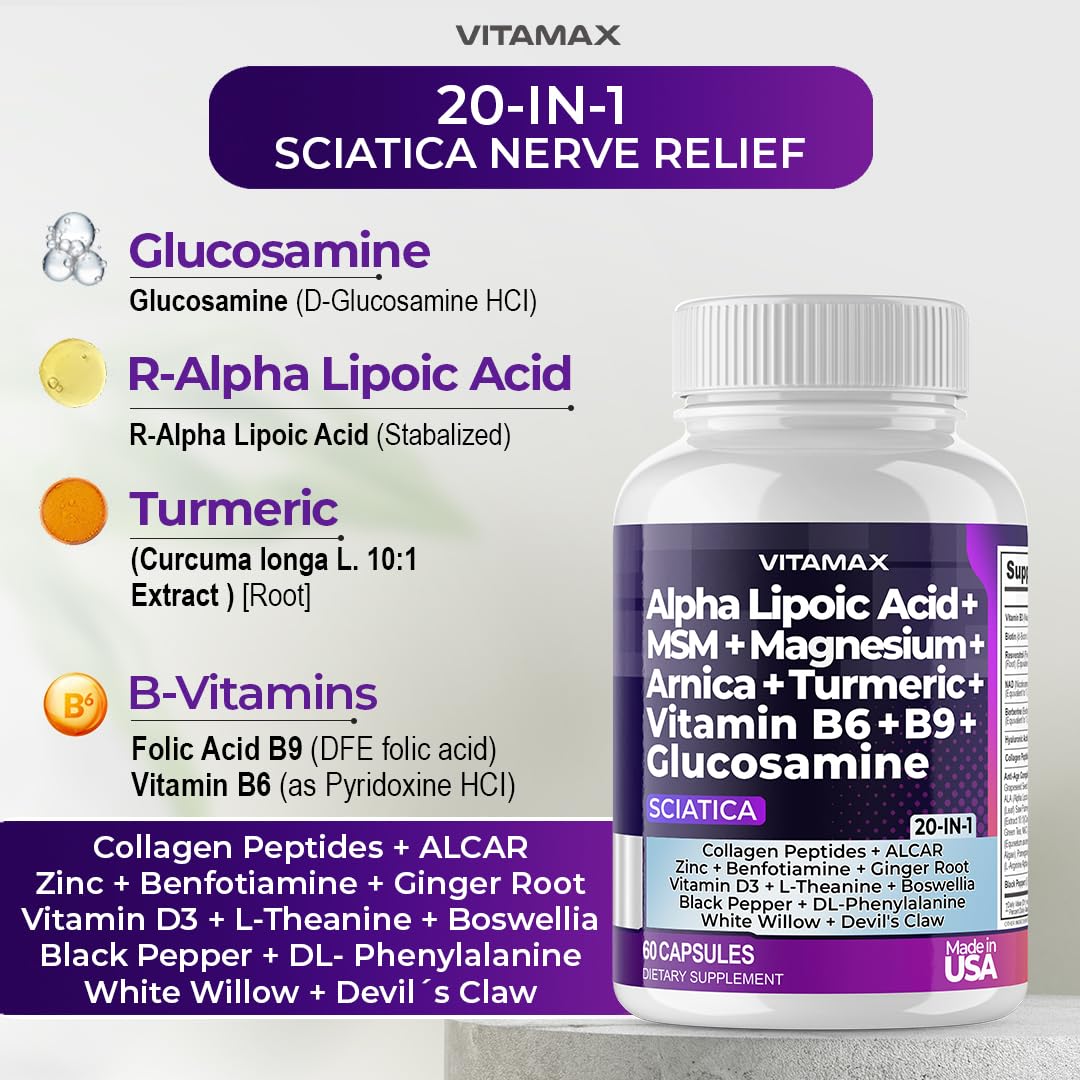 Sciatic Nerve Health Support - Sciatic Nerve Supplement Capsules with Folic Acid, Pea, Glucosamine, MSM, Vitamin B Complex, Alpha Lipoic Acid 300mg – 60ct – Made in USA VitamaxAu supplements
