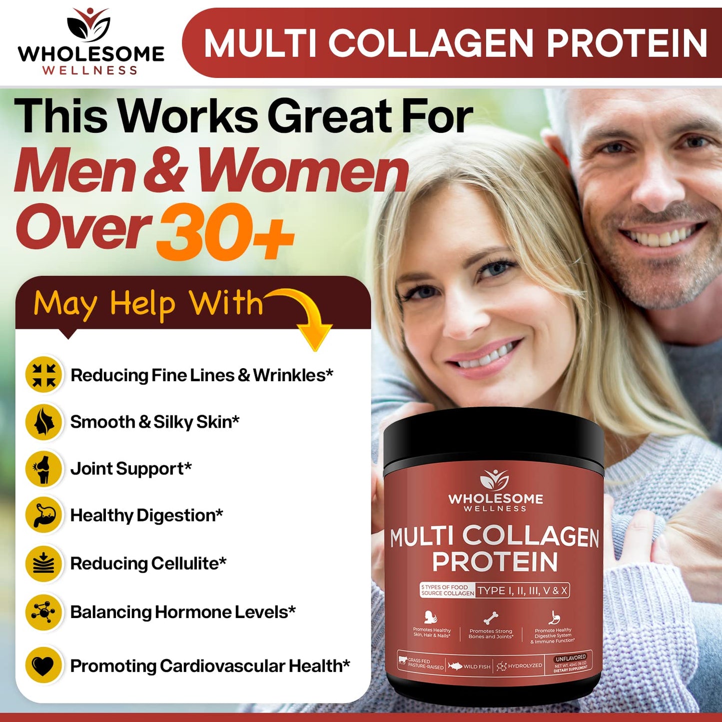 Multi Collagen Protein Powder Hydrolyzed (Type I II III V X) Grass-Fed All-in-One Super Wholesome WellnessUS supplements