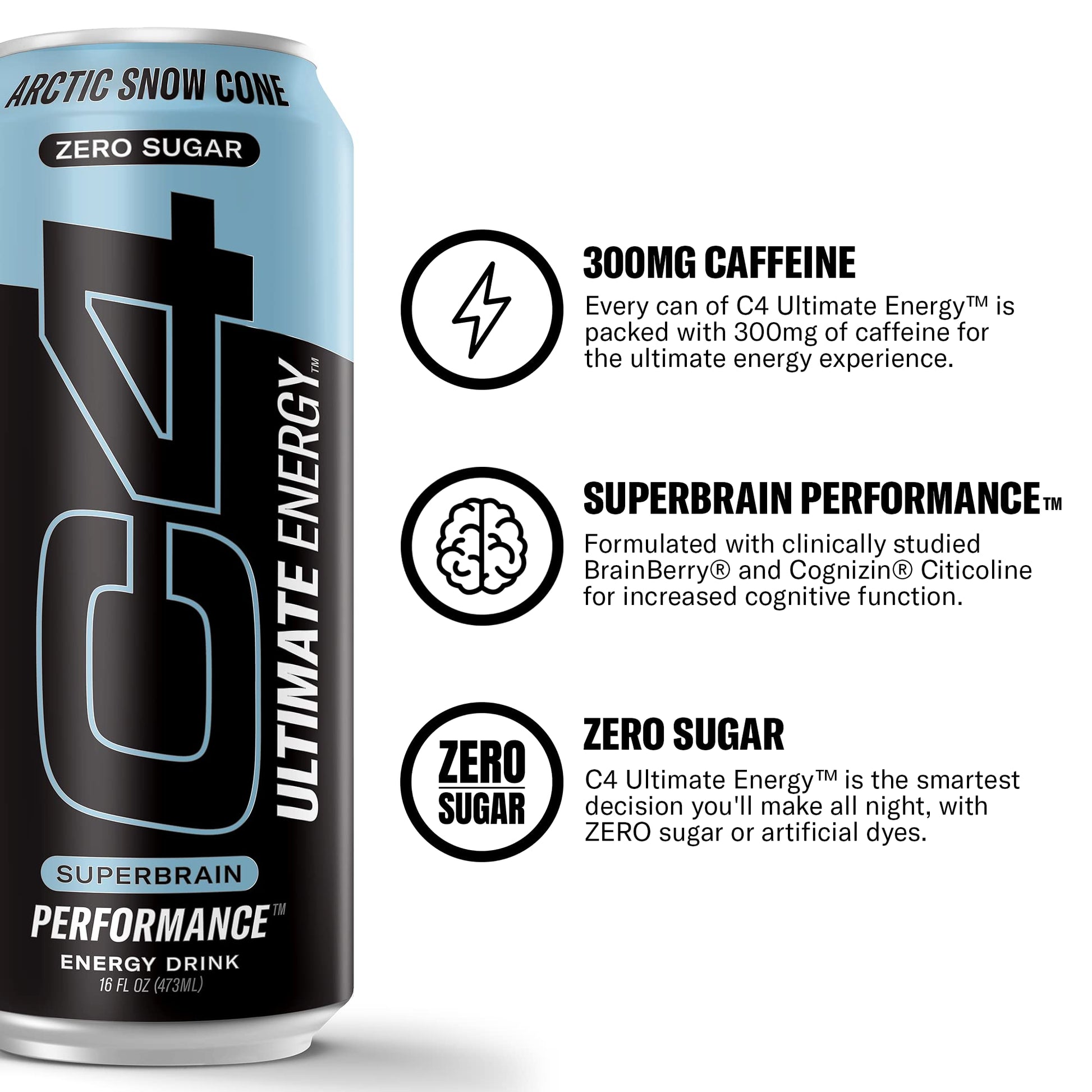 C4 Ultimate Sugar Free Energy Drink 16oz (Pack of 24) | Arctic Snow Cone | Pre Workout CellucorAu supplements