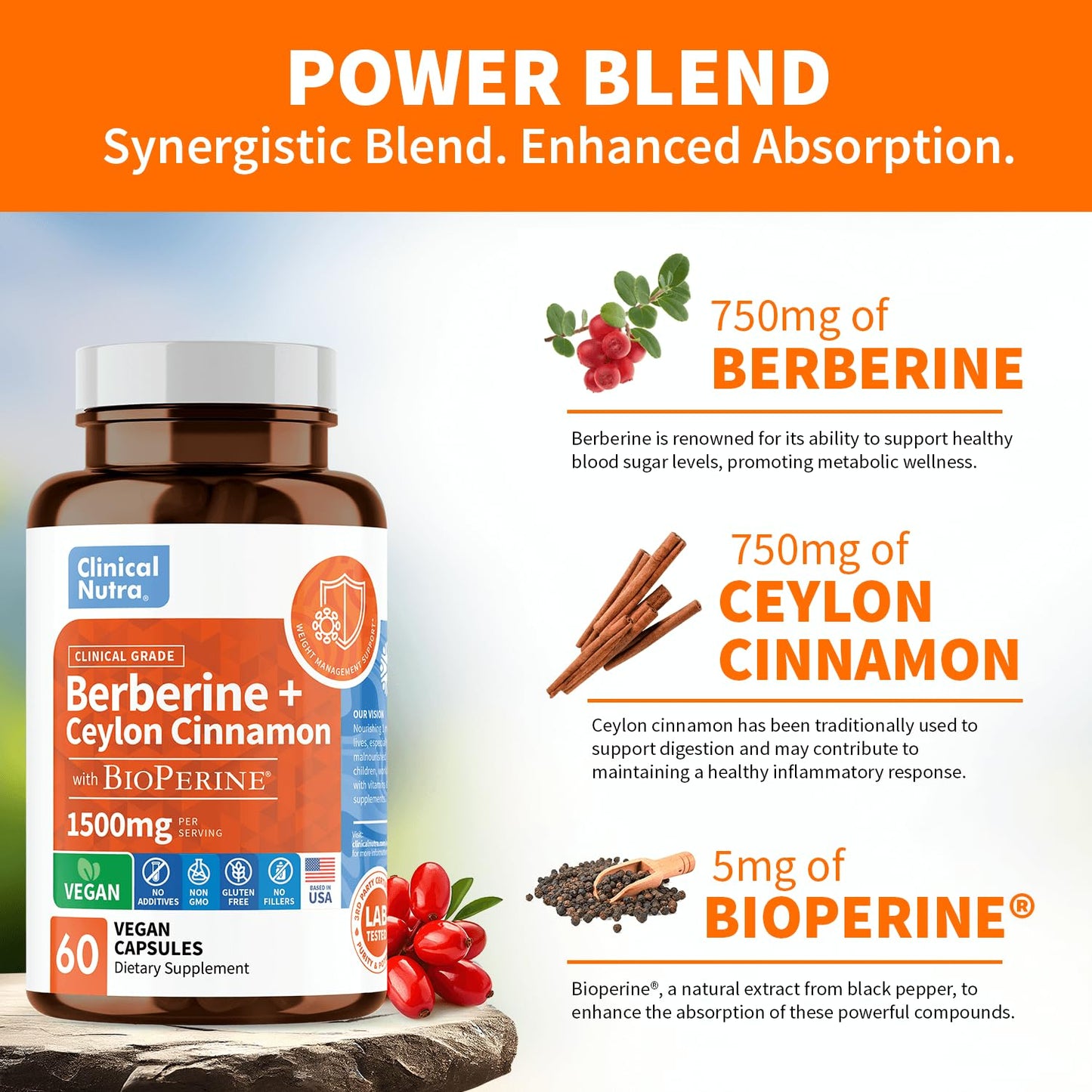 Clinical Grade Berberine Supplement 1500mg HCL Plus Ceylon Cinnamon Weight Managemen Clinical NutraUS supplements