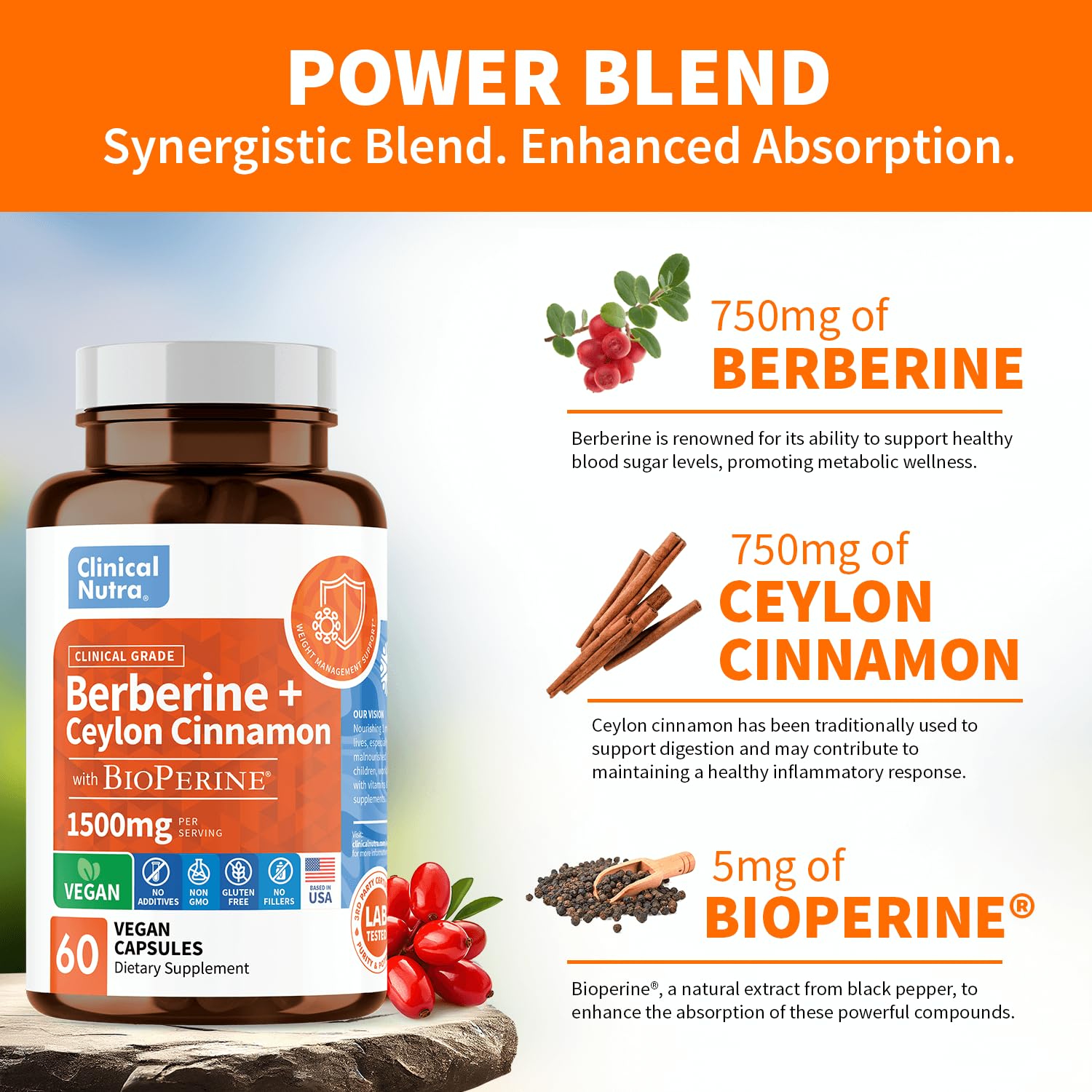 Clinical Grade Berberine Supplement 1500mg HCL Plus Ceylon Cinnamon Weight Managemen Clinical NutraUS supplements