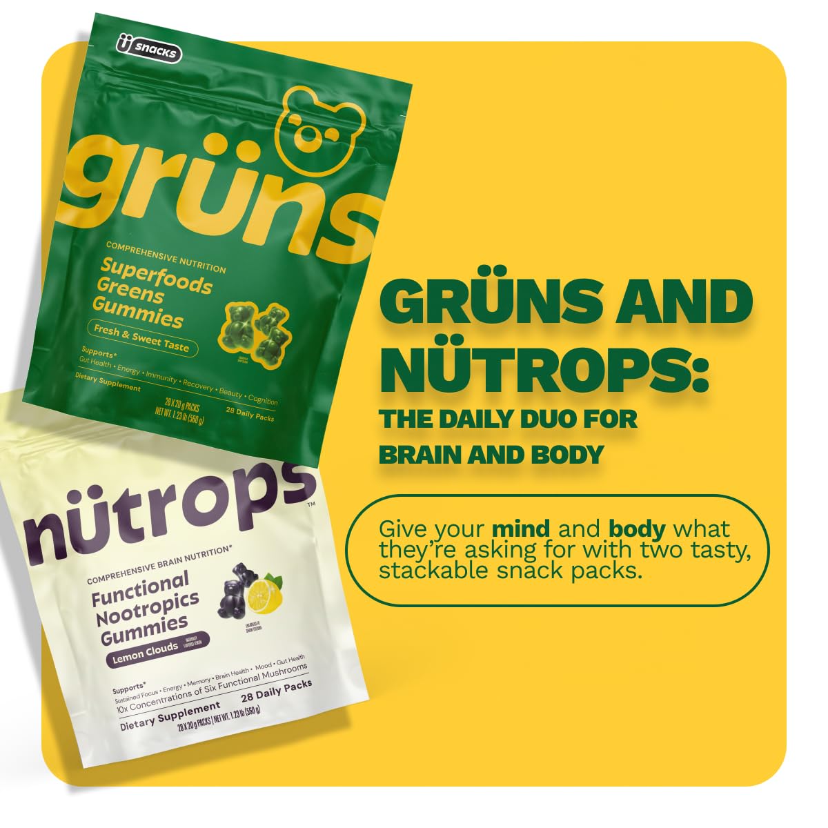 Nutrops Lions Mane Mushroom Gummies for adults, Functional Nootropics, Herbal Brain Supplement for Energy, Brain Health, Cognitive, Memory & Focus, Reishi, Chaga, Cordyceps, Coriolus, 28 daily Packs GrünsAu supplements