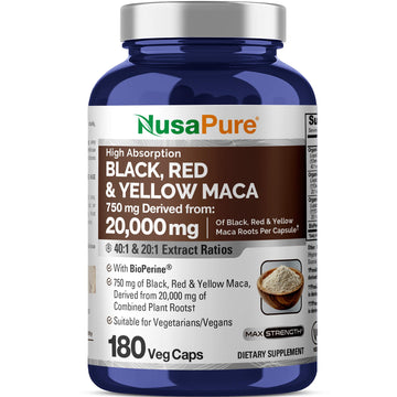 NusaPure Maca Root Black, Red, Yellow 20,000mg - 180 Vegan Capsules (Vegan,Non-GMO, Gluten Free) Bioperine NusaPureAu supplements
