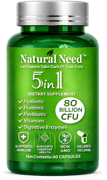 NATURAL NEED™ Gut Health – 5-in-1 Formula with Probiotics, Prebiotics, Postbiotics, Enzymes & Vitamins (C,D3,B12,Zinc) – Delayed Release Capsule – Supports Overall Digestion, Immunity & Gut – 60 Vegan NATURAL NEEDAu supplements