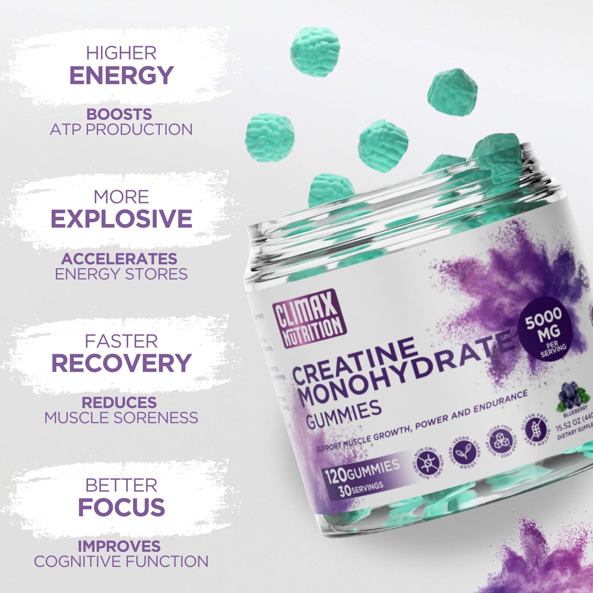 Creatine Monohydrate Gummies - Vegan, Sugar-Free, Gluten-Free - Boosts Muscle Recovery, Strength & Lean Muscle Growth - Brain Health Support - for Men & Women - Blueberry Flavor - 120 Gummies CLIMAX NUTRITIONAu supplements
