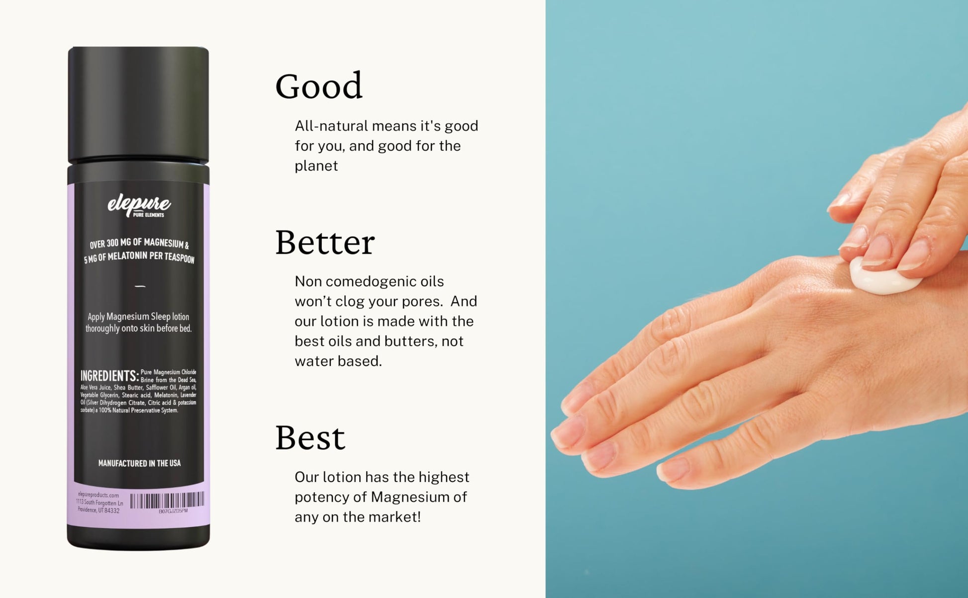 Elepure Pure Elements Magnesium Sleep Lotion with Lavender and Melatonin - Topical Application Night Cream- High Potency - Organic Materials - Large Size - Great Value - 8 fl. oz Elepure Pure ElementsAu supplements
