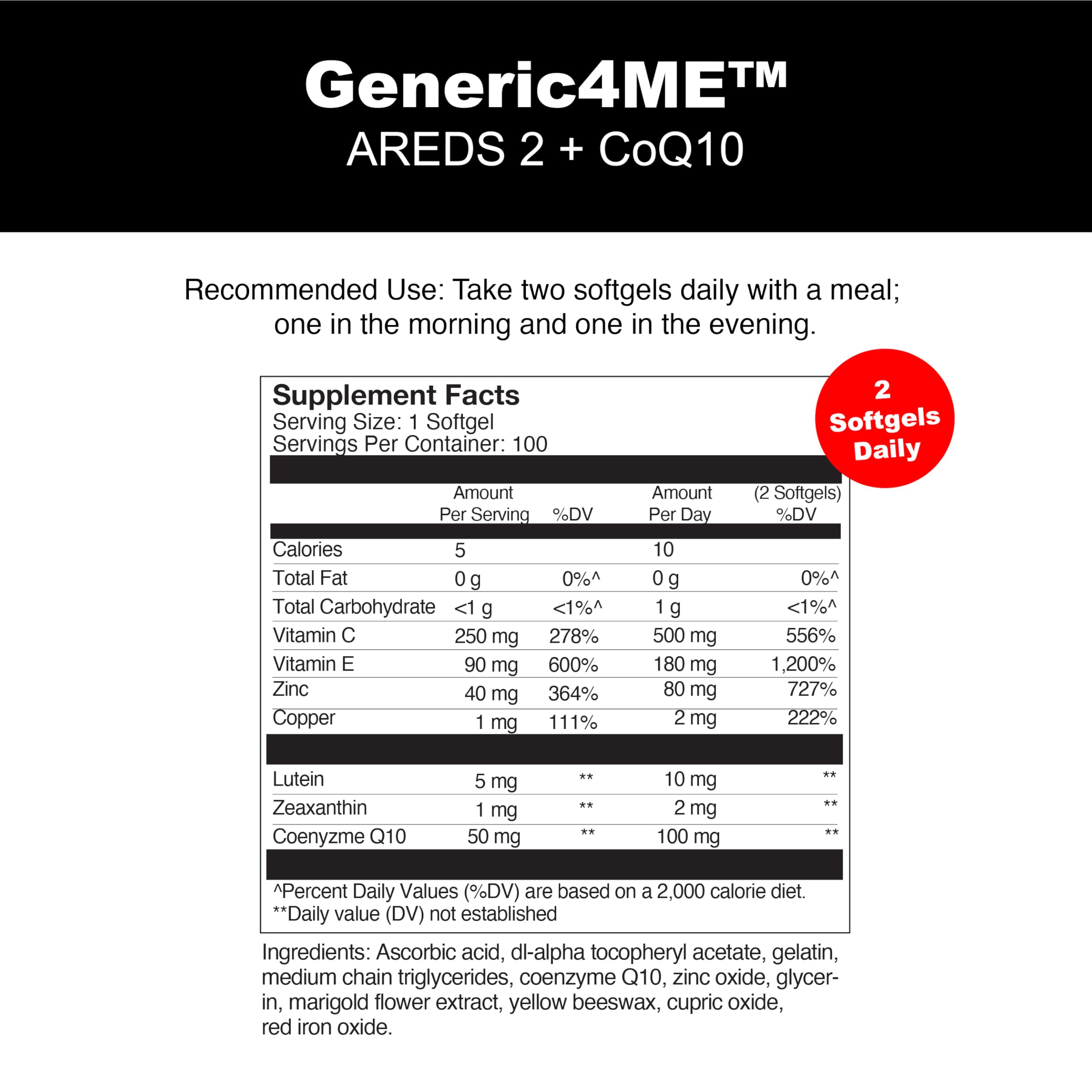 Generic4ME AREDS 2 SoftGels, 100 mg CoQ10 for Heart Health, 500 mg Vitamin C, 400 IU Vitamin E, 10 mg Lutein, 2 mg Zeaxanthin, 80 mg Zinc, 2 mg Copper - Supports Eye Health - 100 Mini SoftGels Generic4MEAu supplements