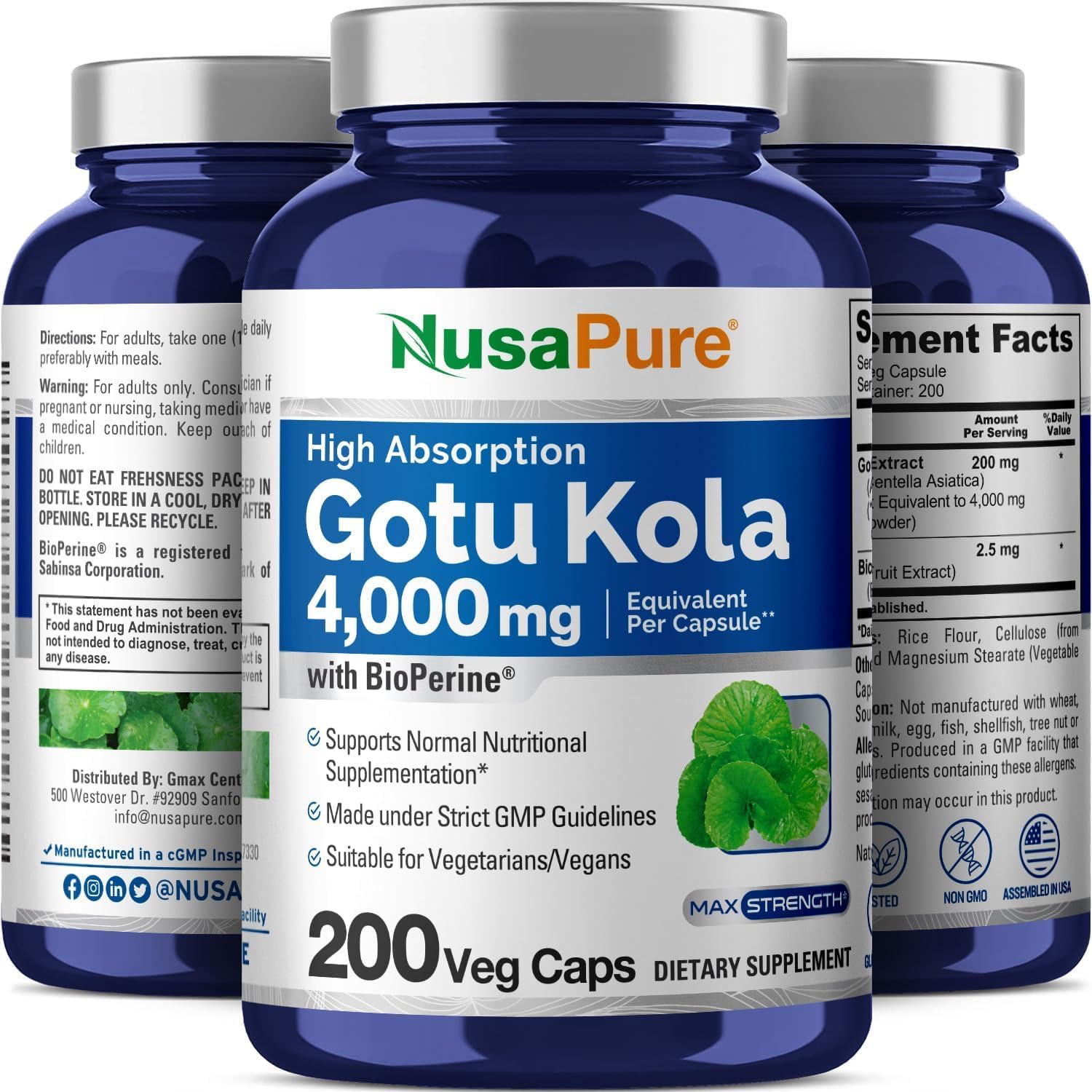 NusaPure Gotu Kola Capsules 20:1 Extract, 200 mg Equivalent to 4000mg Per Veggie Caps, 200 Count, Non-GMO, Vegan, Bioperine - Traditional Herb Extract NusaPureAu supplements