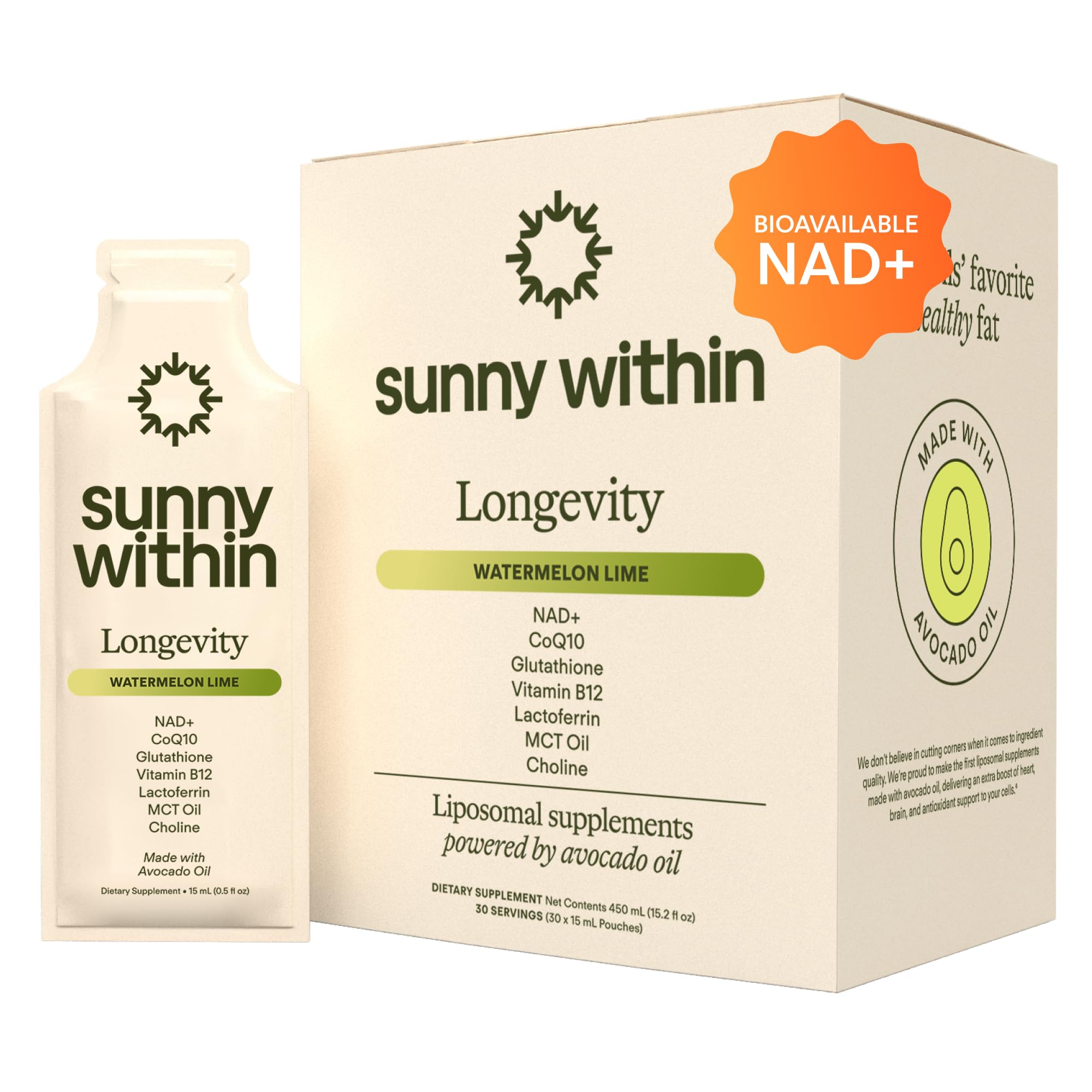 Sunny Within Longevity – Liposomal NAD+ Glutathione Supplement w/Liquid NAD+, CoQ10, B12, MCT & Avocado Oil – Cellular Health, Energy, Brain, Gut & Heart Support* – Watermelon Lime – 30 Pouches Sunny WithinAu supplements
