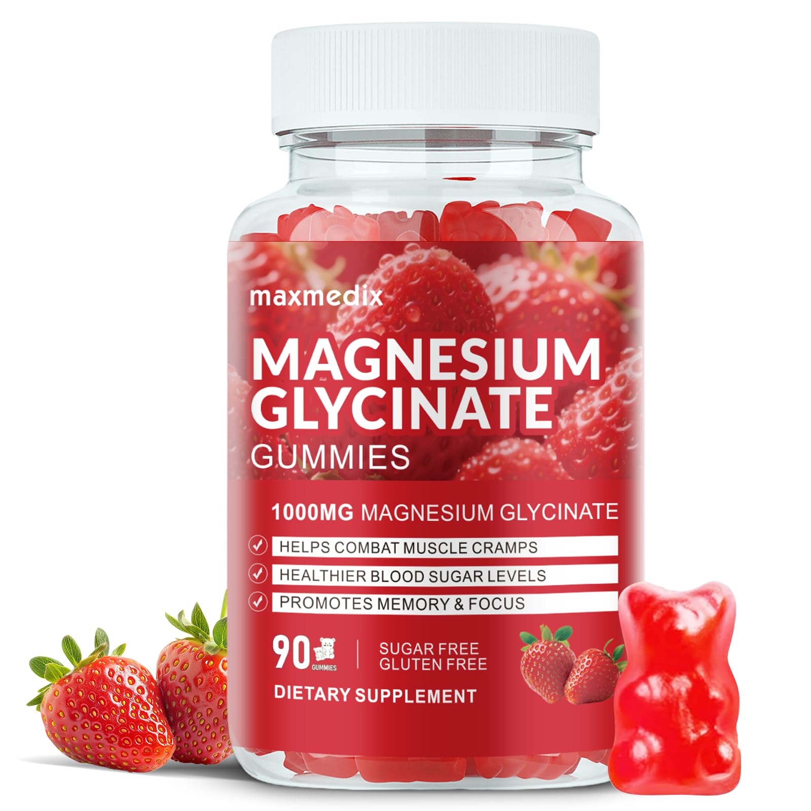 Magnesium Glycinate Gummies 1000mg, Sugar Free Magnesium Potassium Supplements Chewable for Adults with L-Threonate for Sleep, Body Support and Relaxation,90 Strawberry Gummies maxmedixAu supplements