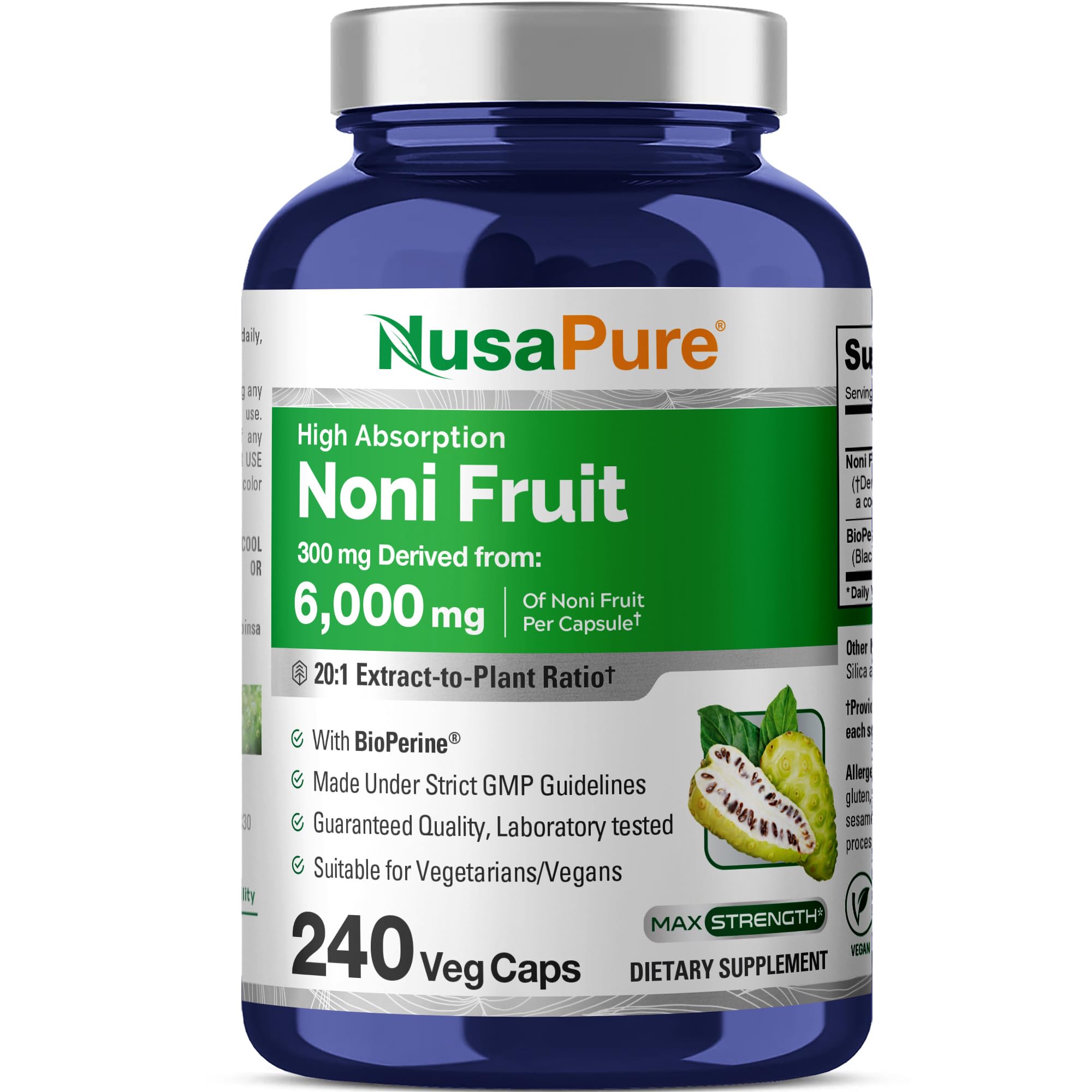 NusaPure Noni Fruit 20:1 Extract, 300 mg Equivalent to 6,000 mg 240 Capsules Suitable for Vegetarian/Vegan, Non-GMO NusaPureAu supplements