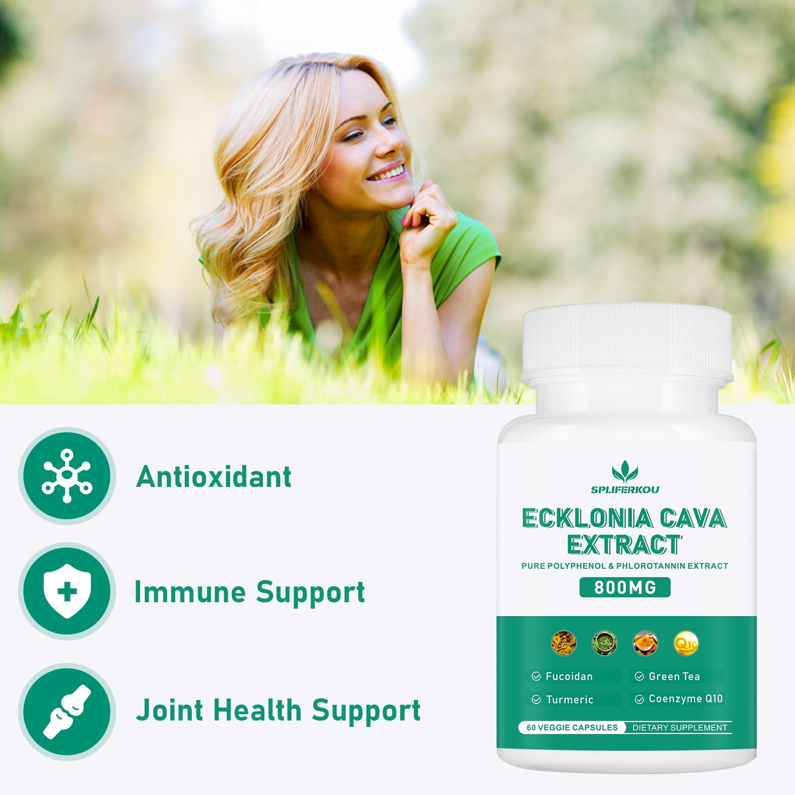 Spliferikou Ecklonia Cava Extract, 800mg, 60 Veggie Capsules with Fucoidan, Green Tea, Turmeric, CoQ10, Dietary Supplement SpliferkouAu supplements