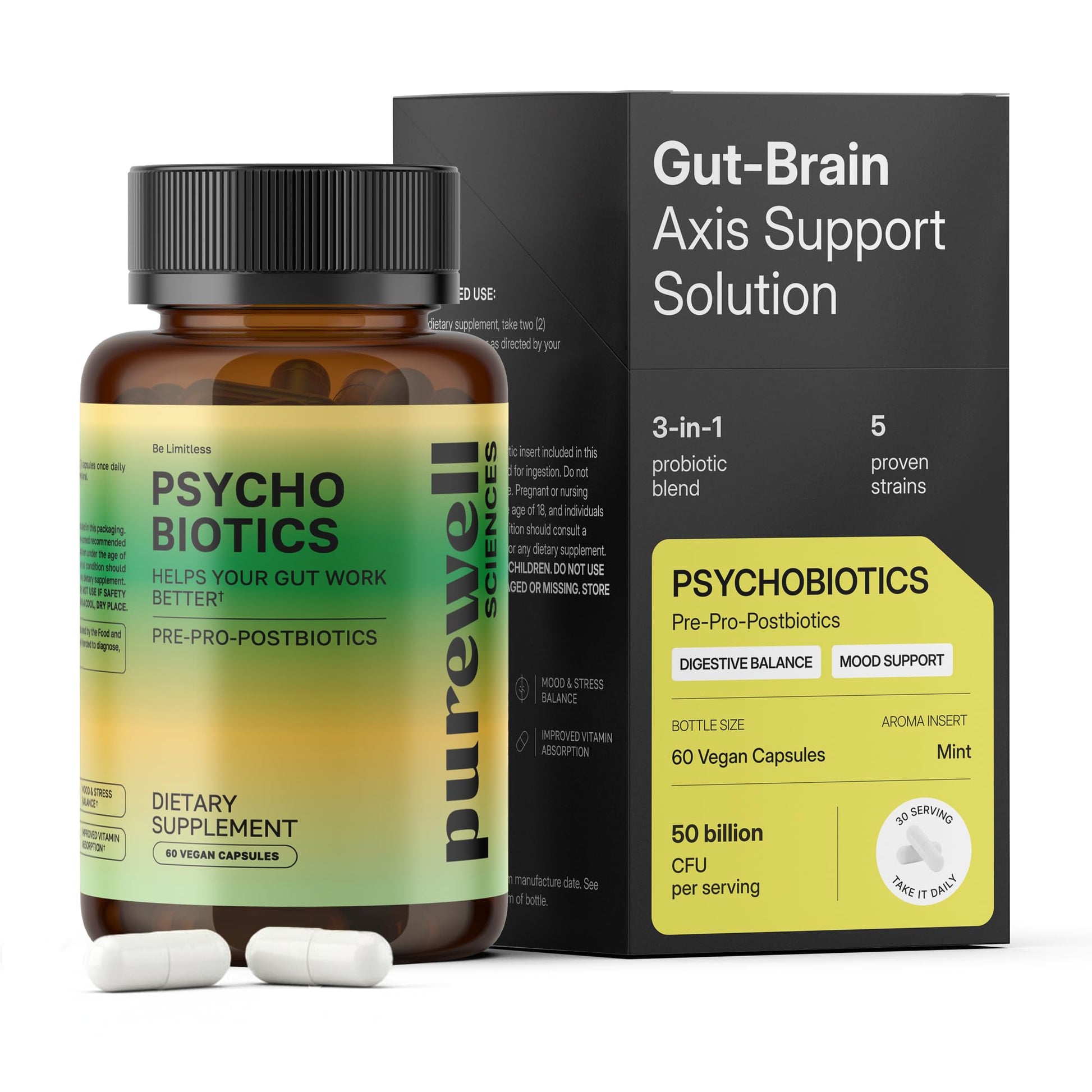 PUREWELL SCIENCES Psychobiotics – Advanced 3-in-1 Probiotic Prebiotic Postbiotic Supplement for Gut and Mood Support - 60 Vegan Probiotic Capsules – 50 Billion CFU – 1-Month Supply PUREWELL SCIENCESAu supplements