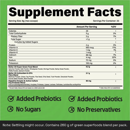 Better Alt Greens Powder, Helps Reduce Bloating, 15 Super Greens- Blend of Spirulina Better AltUS supplements