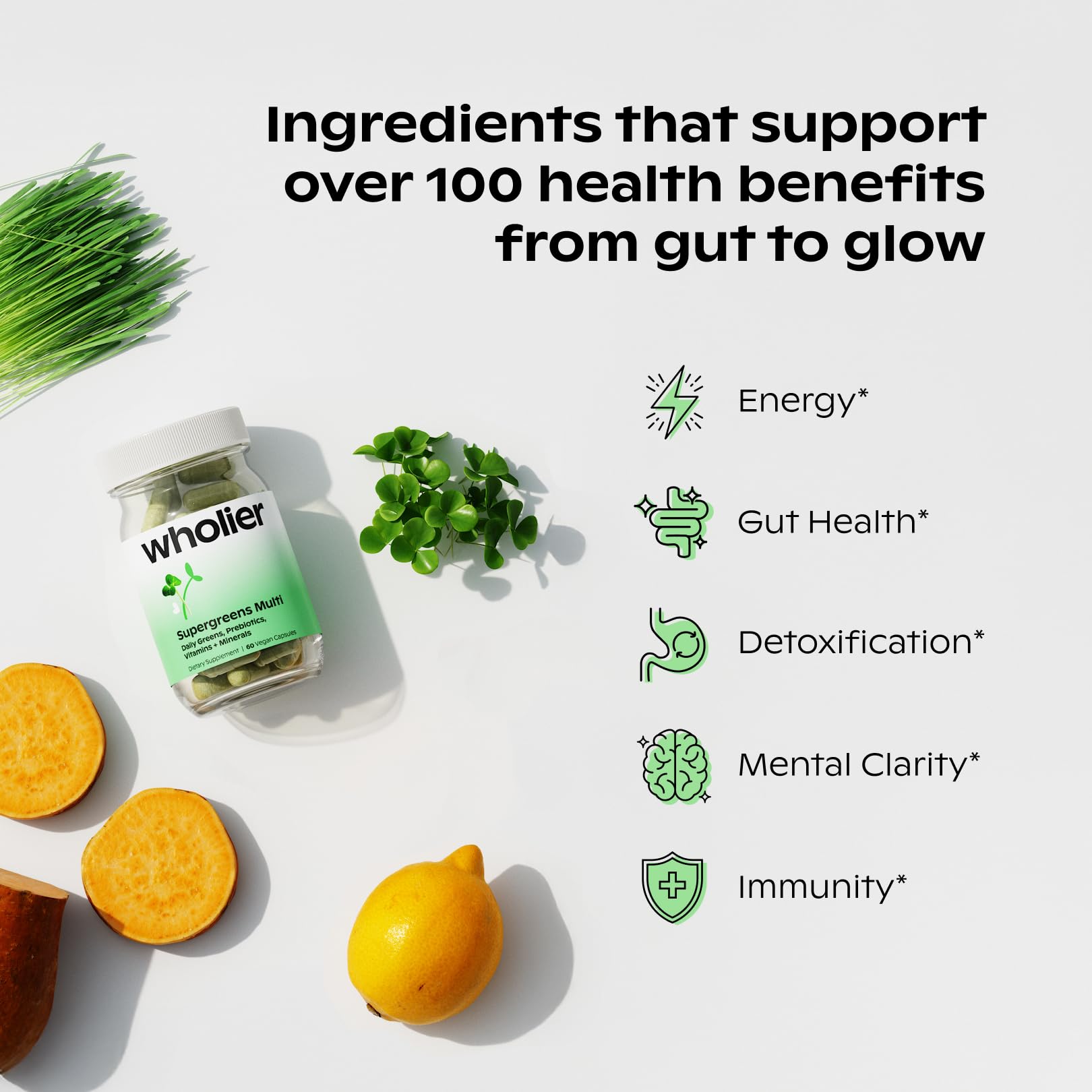 wholier Supergreens Multi, Daily Greens, Vegan Multivitamin for Women + Men, Whole Food Vitamins + Minerals, Prebiotics for Gut Health, Adaptogens (60 Vegan Capsules) Glass Bottle wholierAu supplements