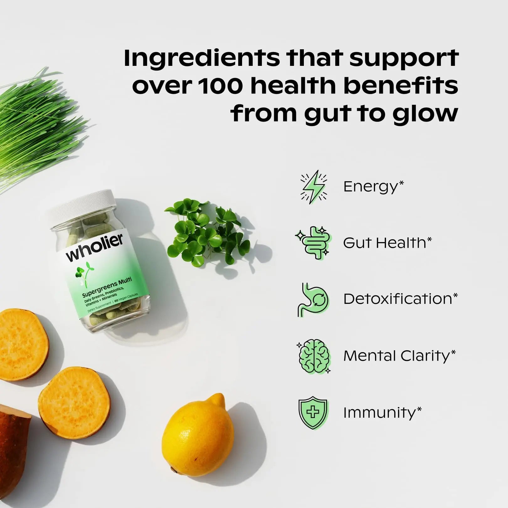 wholier Supergreens Multi, Daily Greens, Vegan Multivitamin for Women + Men, Whole Food Vitamins + Minerals, Prebiotics for Gut Health, Adaptogens (60 Vegan Capsules) Glass Bottle wholiernz supplements
