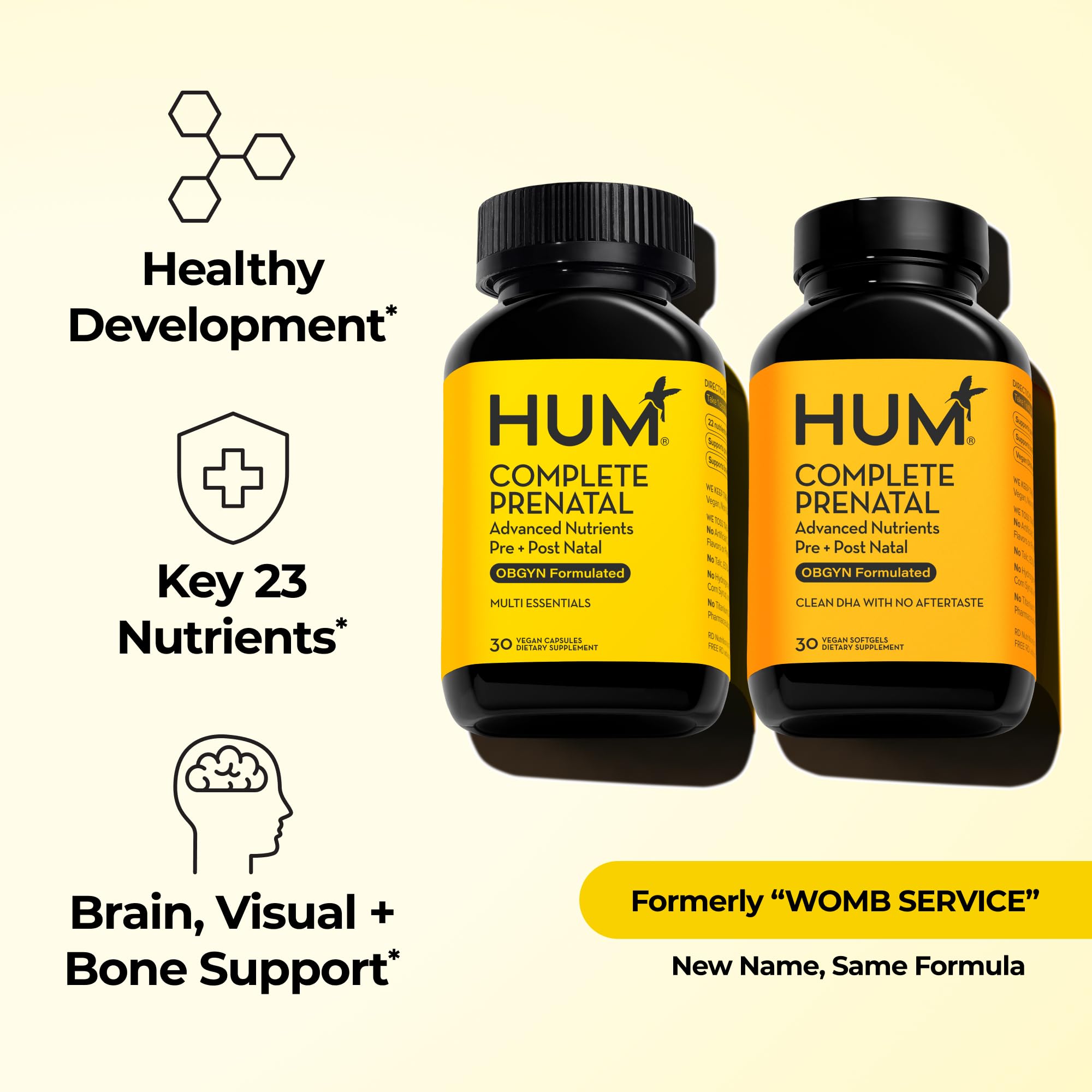 HUM Complete Prenatal Multivitamin for Women with Folate, DHA, and Choline, 23 Nutrients for Daily Support, Gluten Free, Non GMO Supplement for Pre, During, and Post Pregnancy, 30 Vegan Capsules HUMUS supplements
