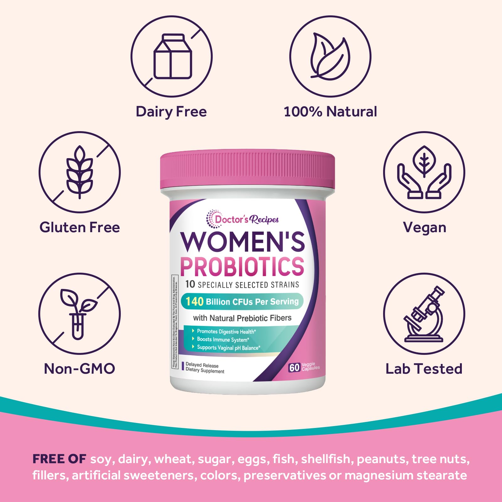Doctor's Recipes Probiotics for Women, Organic Prebiotics and Probiotics for Digestive Health, Vaginal Health, 140 Billion CFU, 10 Strains, Shelf Stable, 60 Capsules Doctor's RecipesAu supplements