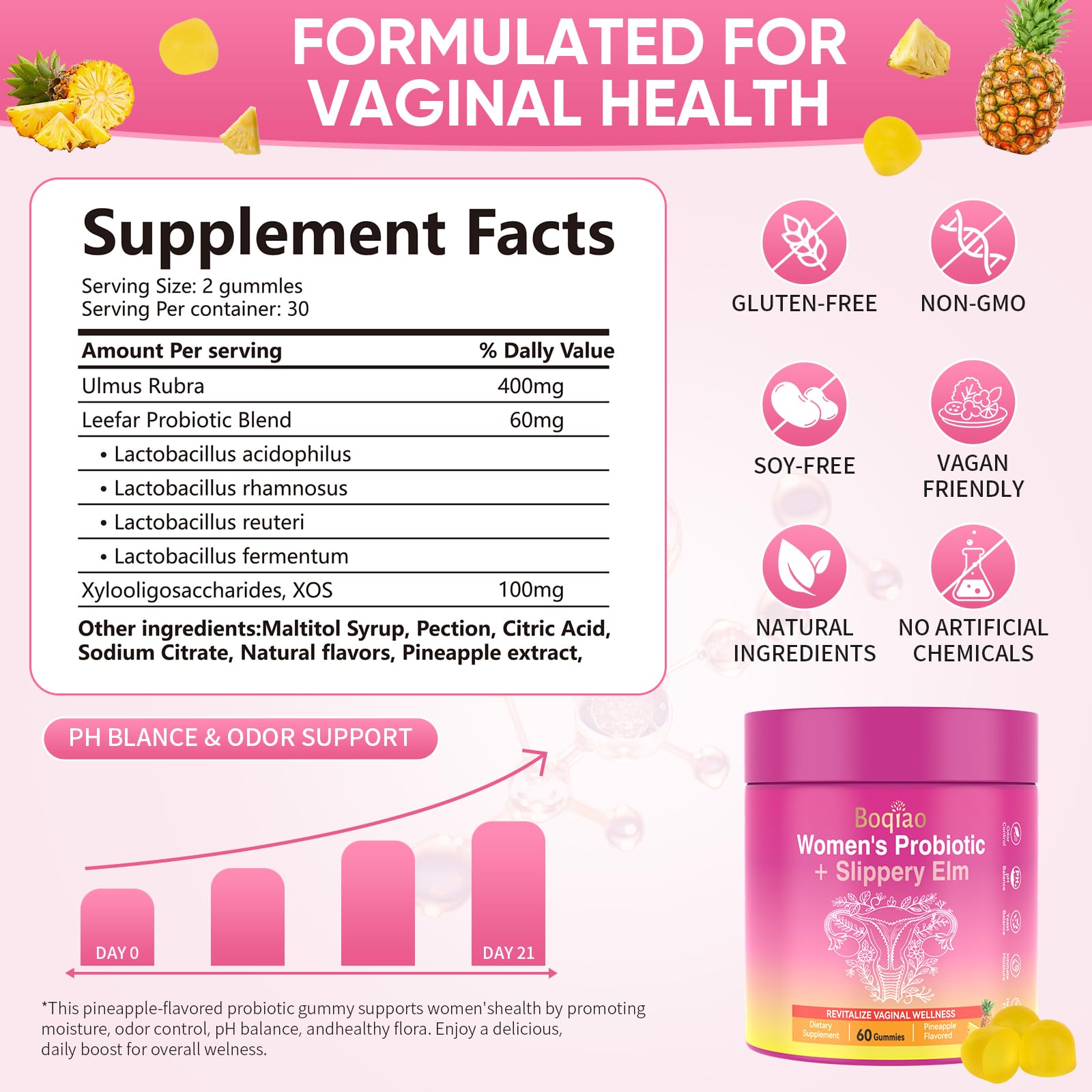 Feminine Probiotics Gummies with Slippery Elm - 60 Pineapple Gummies for Women ph Balance, Vaginal Probiotics Supports Flora, Gut Health & Immune System, Prebiotics & Lactobacillus Blend (Pineapple) BoqiaoAu supplements