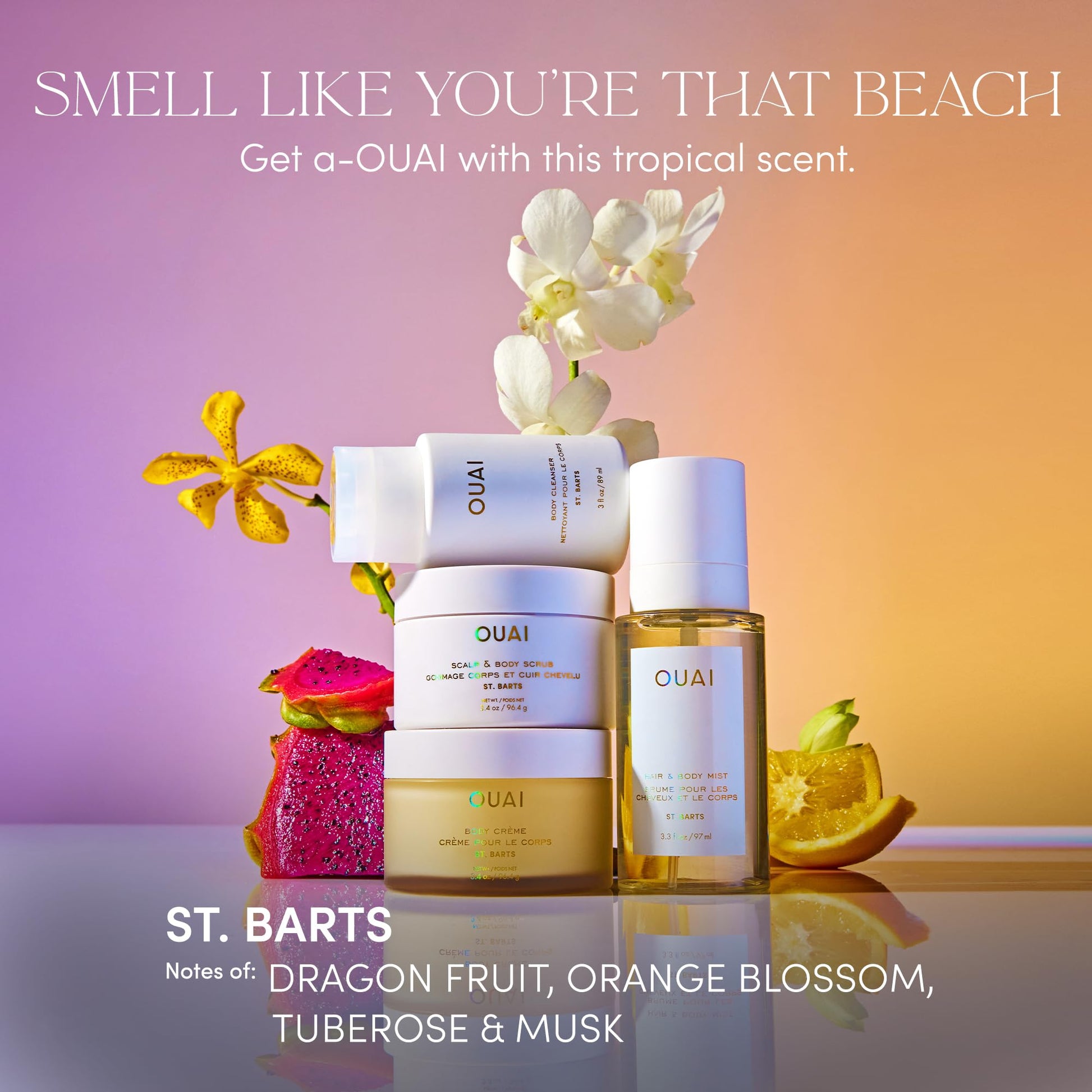 OUAI St. Barts Travel Bundle - Includes Travel Size Scalp & Body Scrub, Foaming Shower Gel, Hydrating Cream, and Hair & Body Mist (4 Count, 3.4 Oz/3.4 Oz/3 Oz/3.3 Oz) OUAIAu supplements