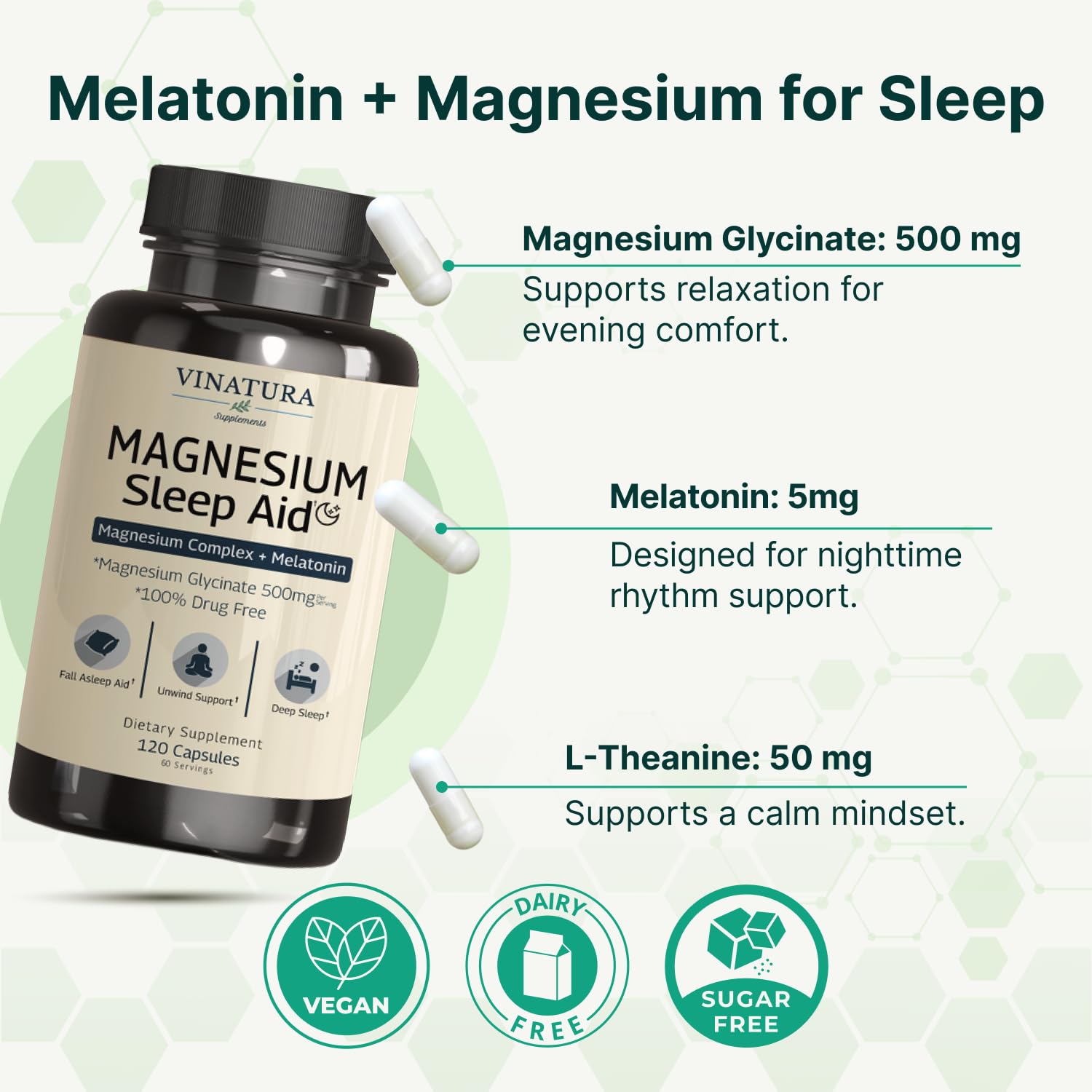 Magnesium Sleep Aid - Magnesium Glycinate Complex for Sleep with Melatonin Supplement - Glycinate 500mg, L-Theanine - 120 Capsules VINATURAAu supplements