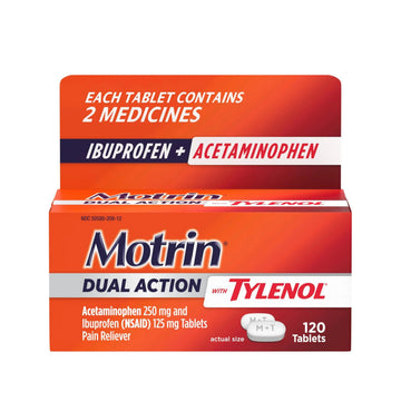 Motrin Dual Action with Tylenol, Ibuprofen & Acetaminophen Fast-Acting Dual Action Pain Reliever for Minor Aches & Pains, Ibuprofen (NSAID) 125 mg & Acetaminophen 250 mg, 120 ct MotrinAu supplements