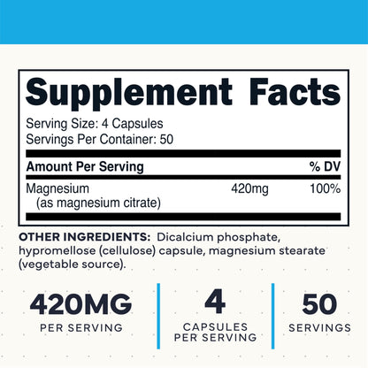Type Zero Clean Magnesium Citrate Capsules (420mg Per Serving - 200 Capsules) Pure Magnesium Citrate Supplement, Non-GMO - Gluten Free, 50 Servings Type ZeroUS supplements