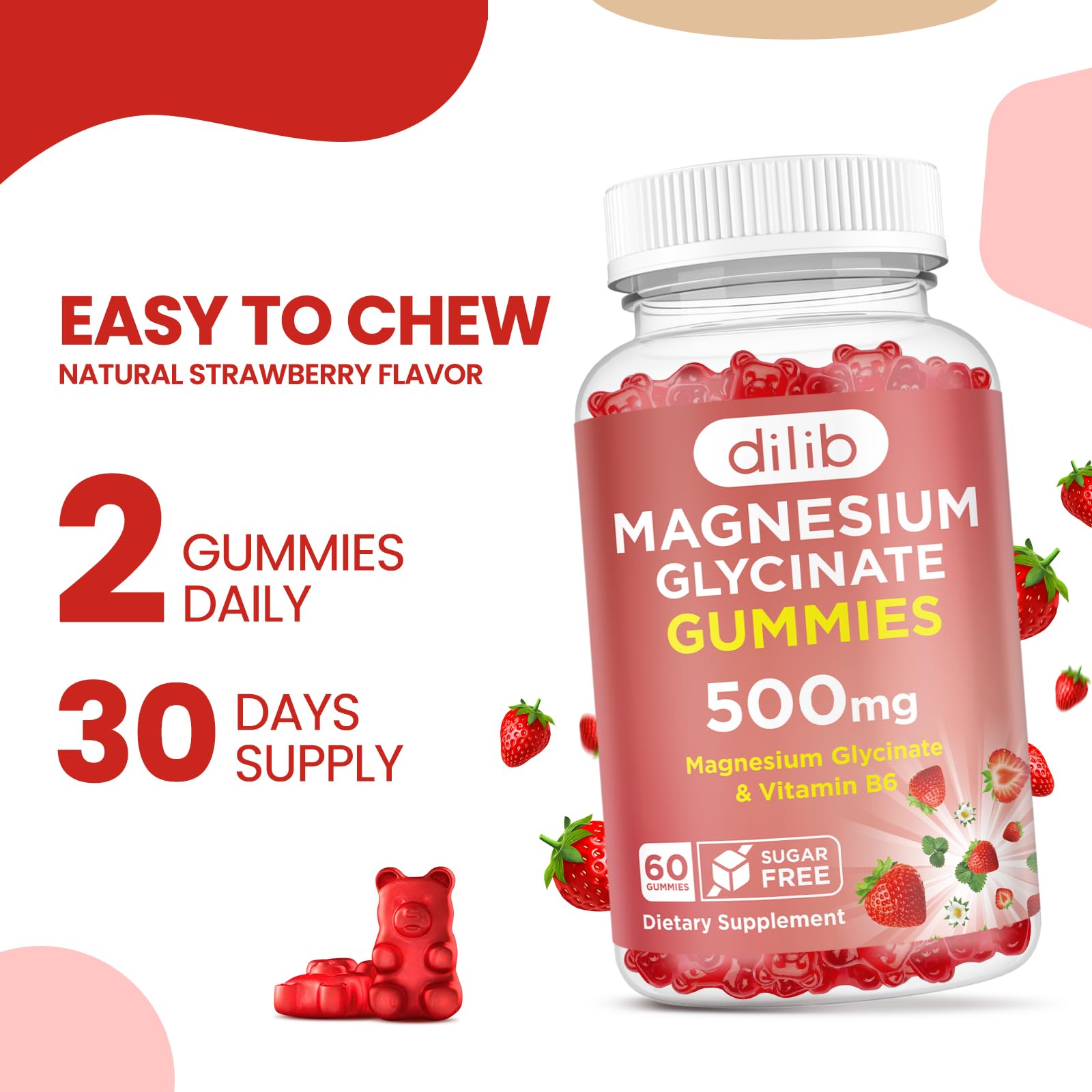 Magnesium Glycinate Gummies 500mg - Magnesium Supplement with Vitamin B6 for Adults & Magnesium for Kids - Calm Magnesium for Sleep, Mood, Muscle Support - Strawberry Flavor, 60 Gummies dilibAu supplements