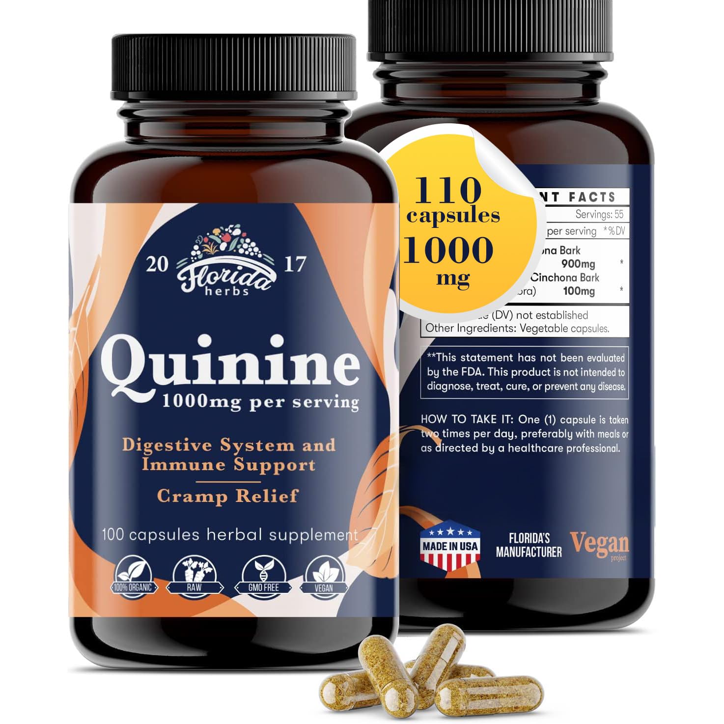 FLORIDA HERBS Quinine for Leg Cramps 1000 mg - 110 Capsules - Cinchona Bark Extract Supplement - Quinine Capsules - Vegan, Non - GMO FLORIDA HERBSAu supplements