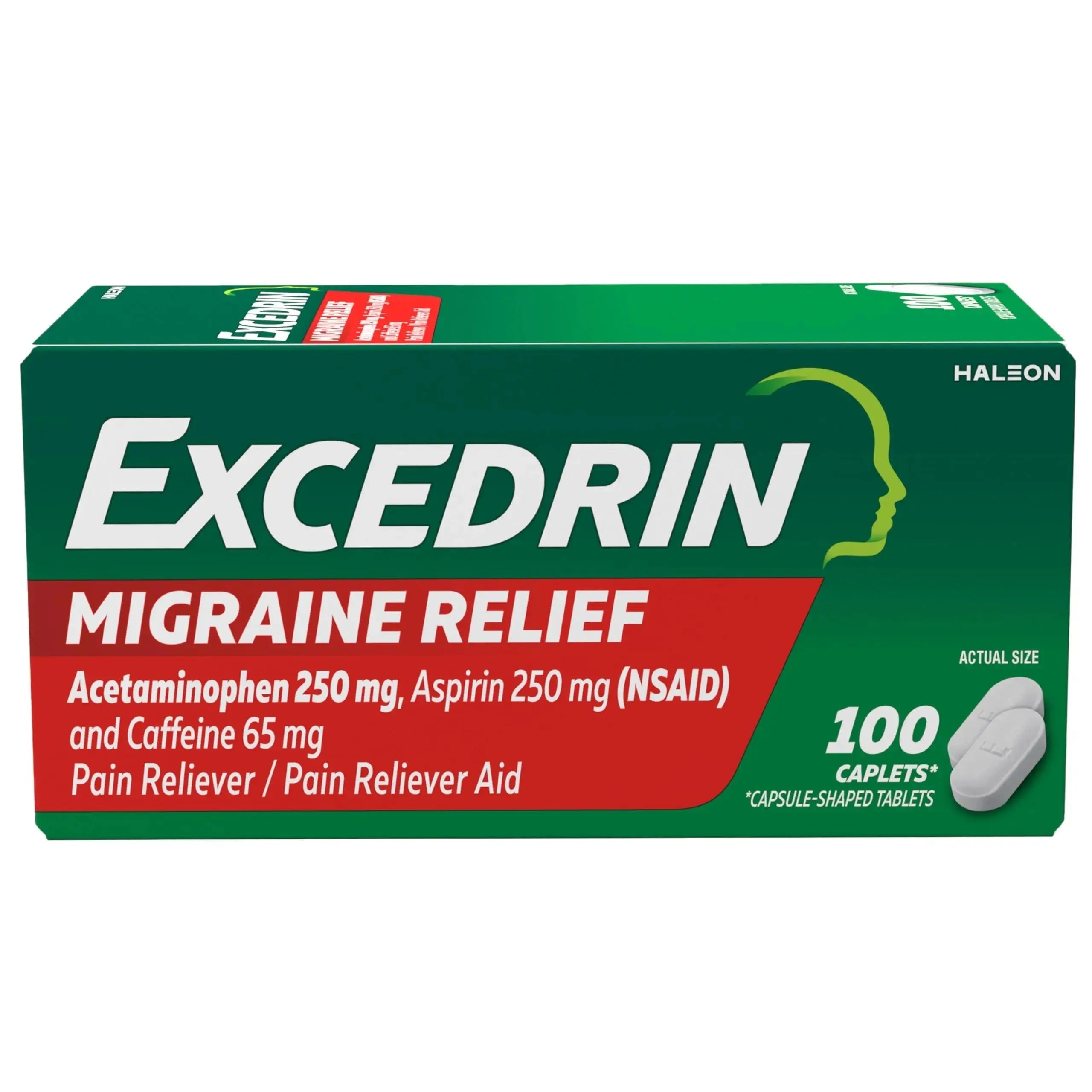 Excedrin Migraine Relief Caplets for Migraine Symptoms, Acetaminophen 250mg, Aspirin 250mg, Caffeine 65mg, Pain Reliever, 100 Count GlaxoSmithKlineAu supplements