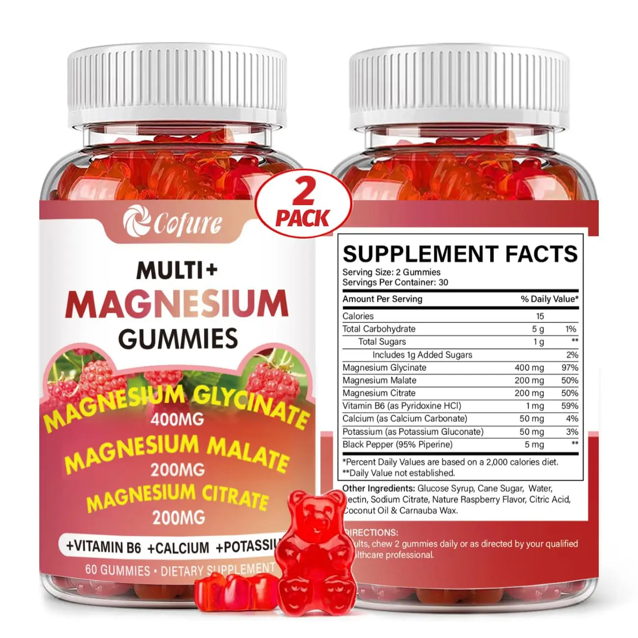 Cofure Triple Magnesium Complex 900 mg, Magnesium Glycinate, Citrate, Malate with Potassium, Calcium, Vitamin B6 for Calm & Sleep - Vegan, Non-GMO, Gluten Free - 120 Raspberry Gummies for Adults CofureAu supplements