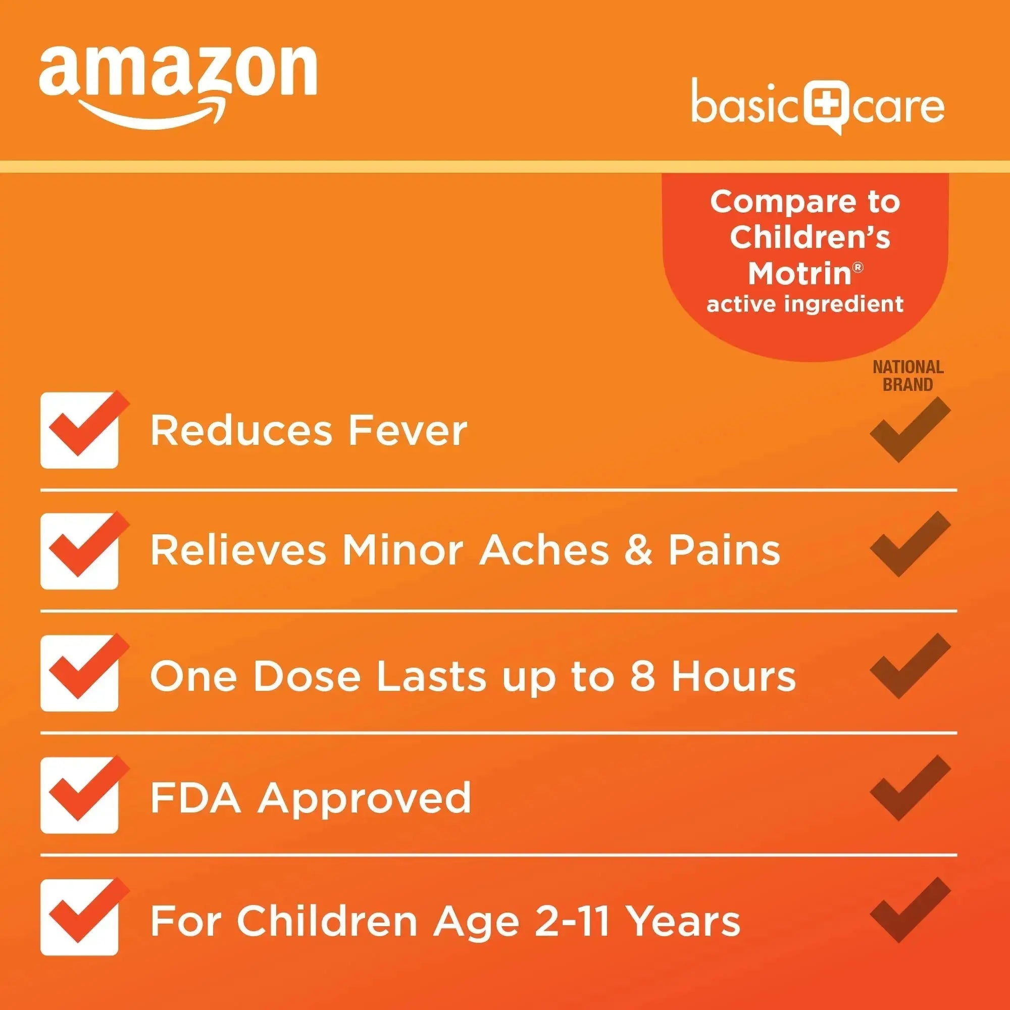 Amazon Basic Care Children's Ibuprofen Chewable Tablets 100 mg, Orange Flavor, Dye Free, Pain Reliever and Fever Reducer (NSAID), For Ages 2-11, 24 Count Amazon Basic CareAu supplements