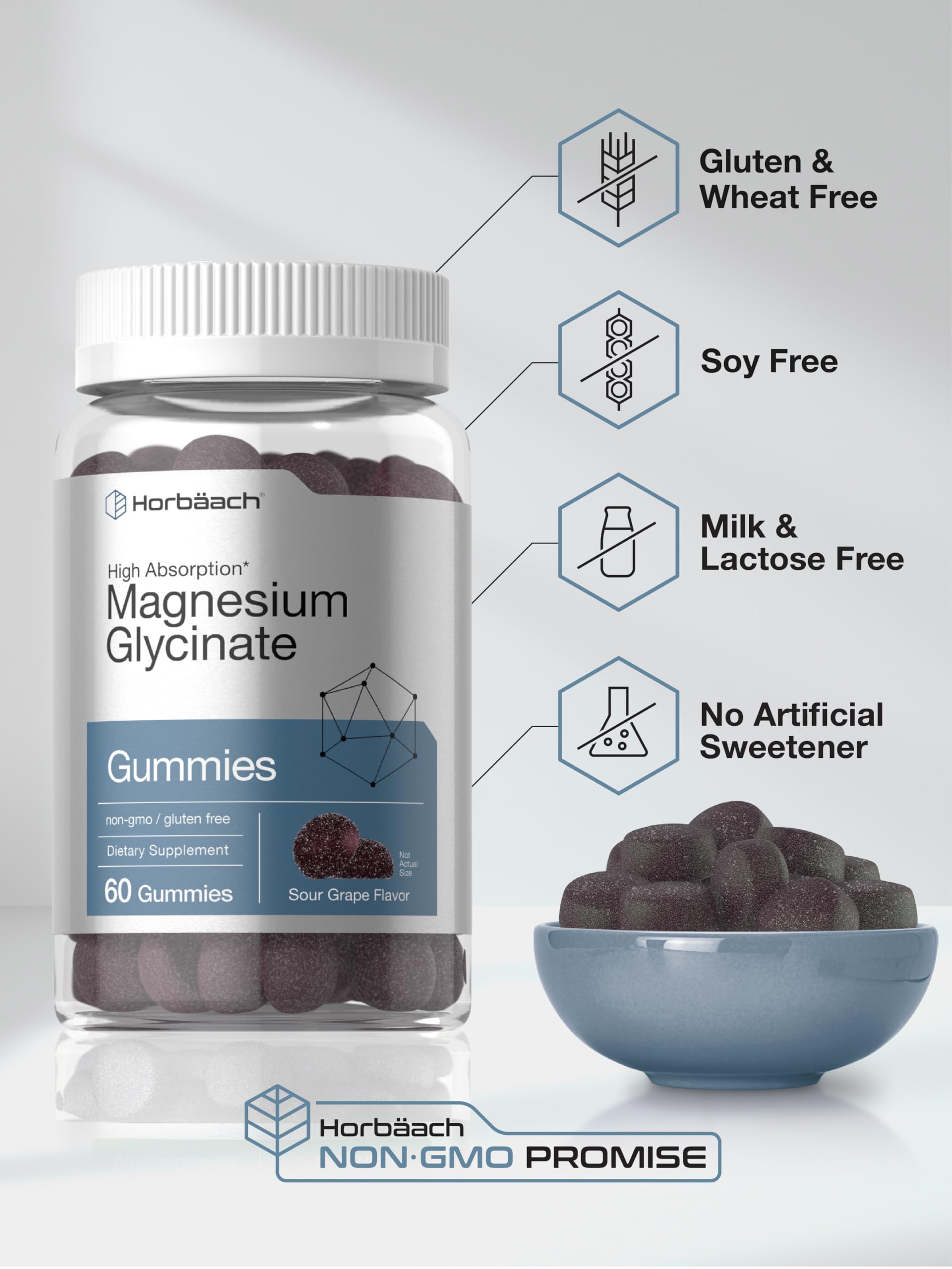 Horbäach Magnesium Glycinate Gummies | 60 Count | Sour Grape Flavor | High Absorption | Vegan, Non-GMO, Gluten Free HorbäachAu supplements