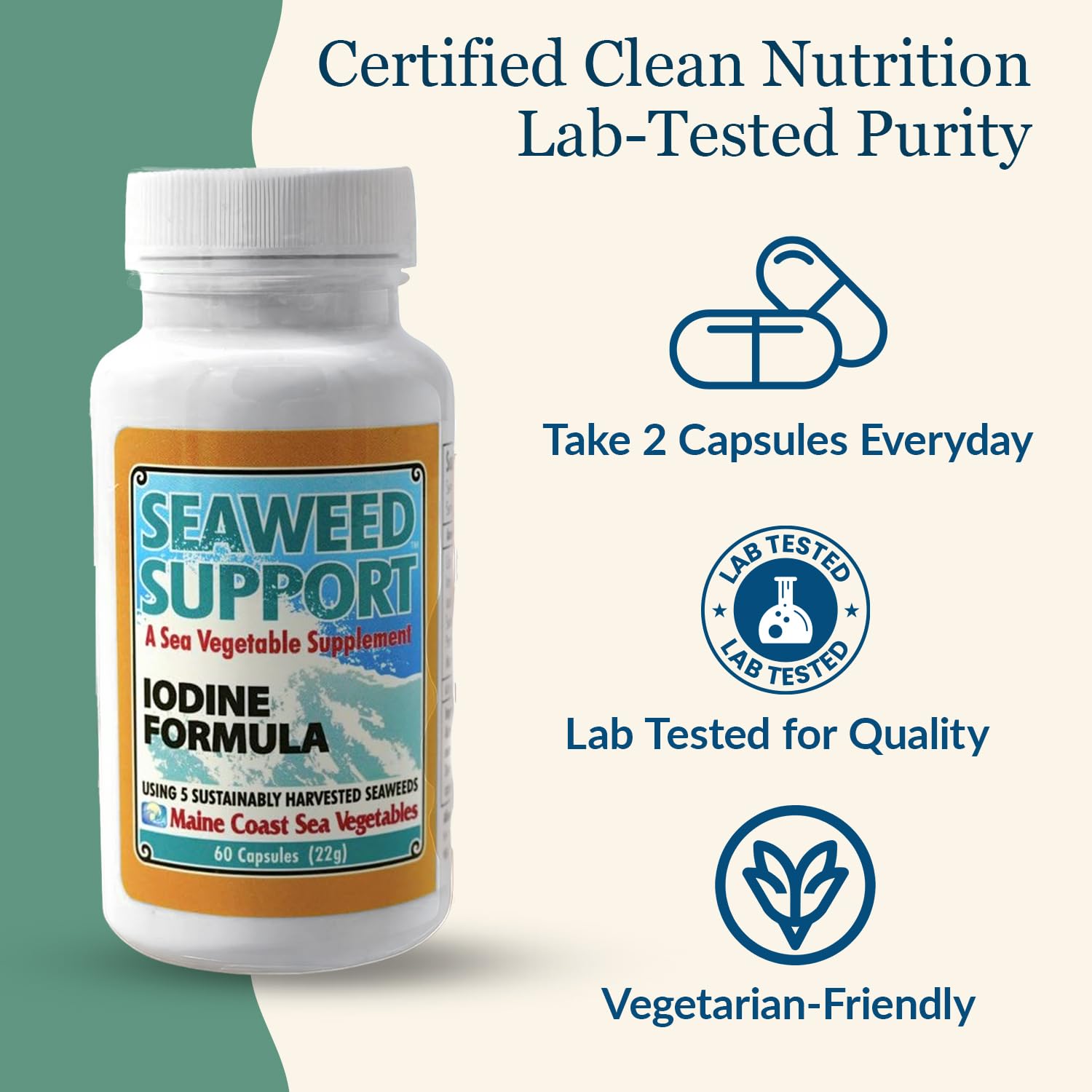 Maine Coast Sea Vegetables Seaweed Support Iodine Formula | Source of Iodine from Seaweed | Daily Use Iodine Supplement | Organic Alaria, Rockweed, Sea Lettuce, Dulse & Bladderwrack blend | 60 Capsule Maine Coast Sea VegetablesAu supplements