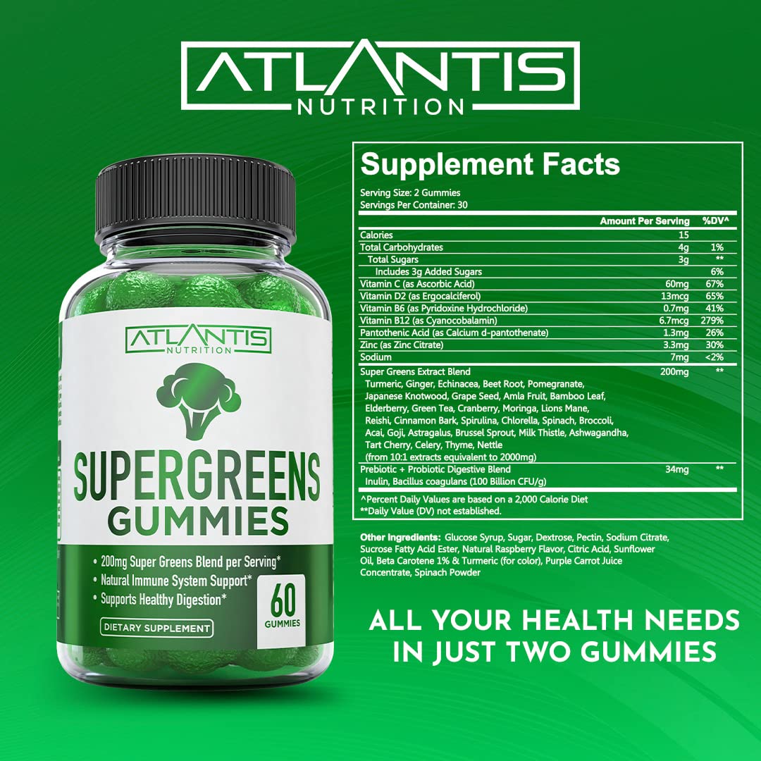Atlantis Nutrition Supergreens Gummies - Daily Green Superfoods Supplement with Spinach, Broccoli, Moringa, Beet Root, Celery, Green Tea, & Acai for Immunity Support - Natural Raspberry Flavor, 60 cnt Atlantis NutritionAu supplements