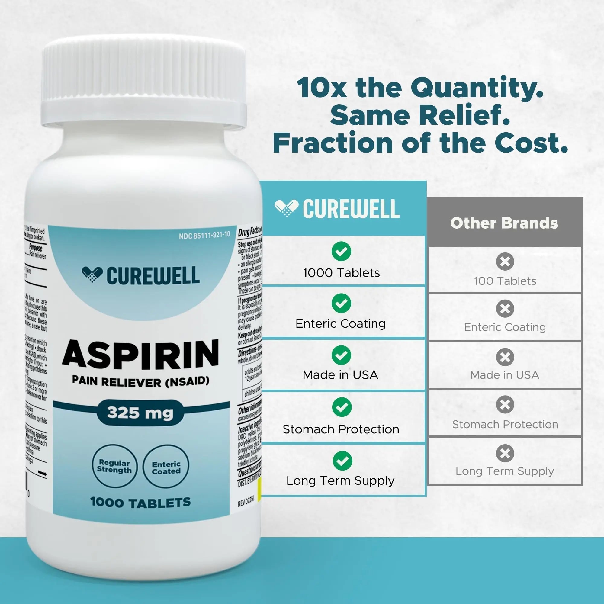 CUREWELL Enteric Coated Aspirin Tablets 325mg (1000 Count) NSAID Pain Reliever & Fever Reducer Coated Aspirin for Adults - Regular Strength for Headache Arthritis Menstrual & Muscle Pain CUREWELLAu supplements