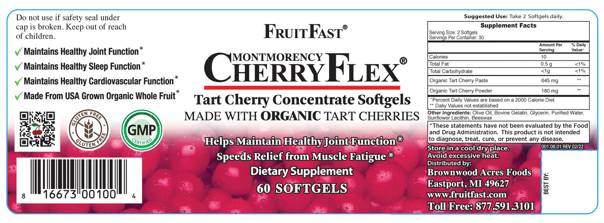 FruitFast CherryFlex 100% Red Tart Organic Cherry Concentrate Supplement - Chewable Softgel - 60 Count - Non-GMO and Gluten Free - Promotes Healthy Joint Function* FruitFastAu supplements