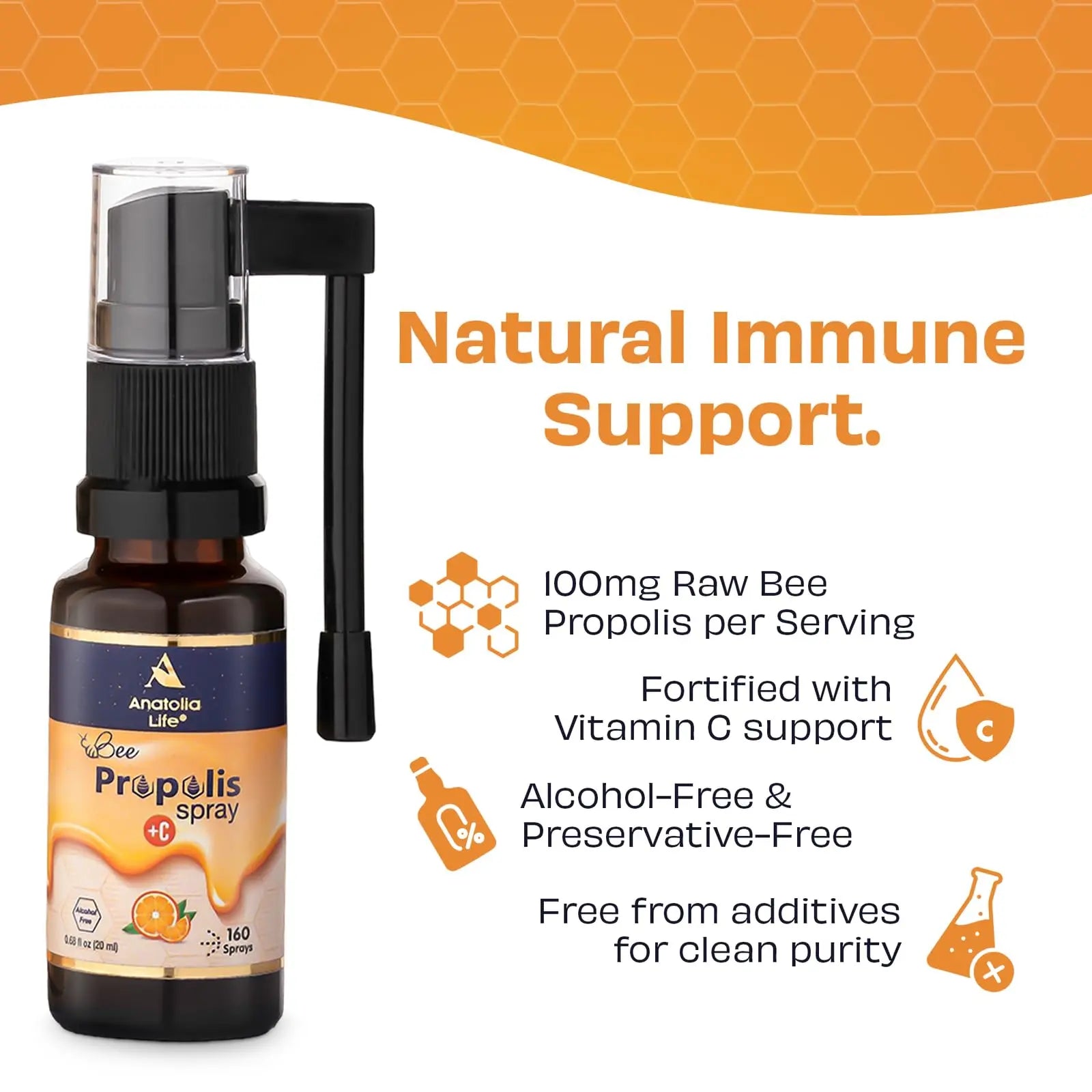 Anatolia Life Bee Propolis Spray + Vitamin C – Alcohol-Free, Natural Orange Flavor, 100% Pure Bee Propolis Extract, Antioxidant Support, Gentle Throat Comfort – 20 ml (~160 Sprays) Anatolia LifeAu supplements