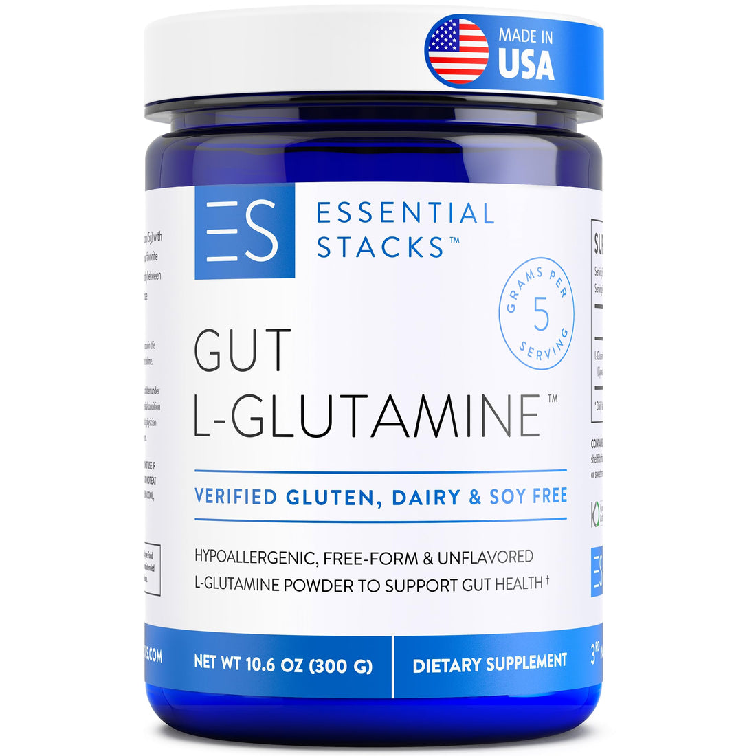 Essential Stacks Gut L-Glutamine Powder - Exclusively Made in USA - Pure L Glutamine Powder for Gut Health (60 Servings, Unflavored) Essential StacksUS supplements
