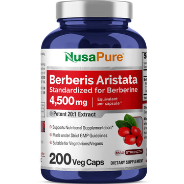 NusaPure Berberine HCI 4500 mg - 200 Veggie Caps - 6 Months Supply - (100% Vegetarian NusaPureAu supplements
