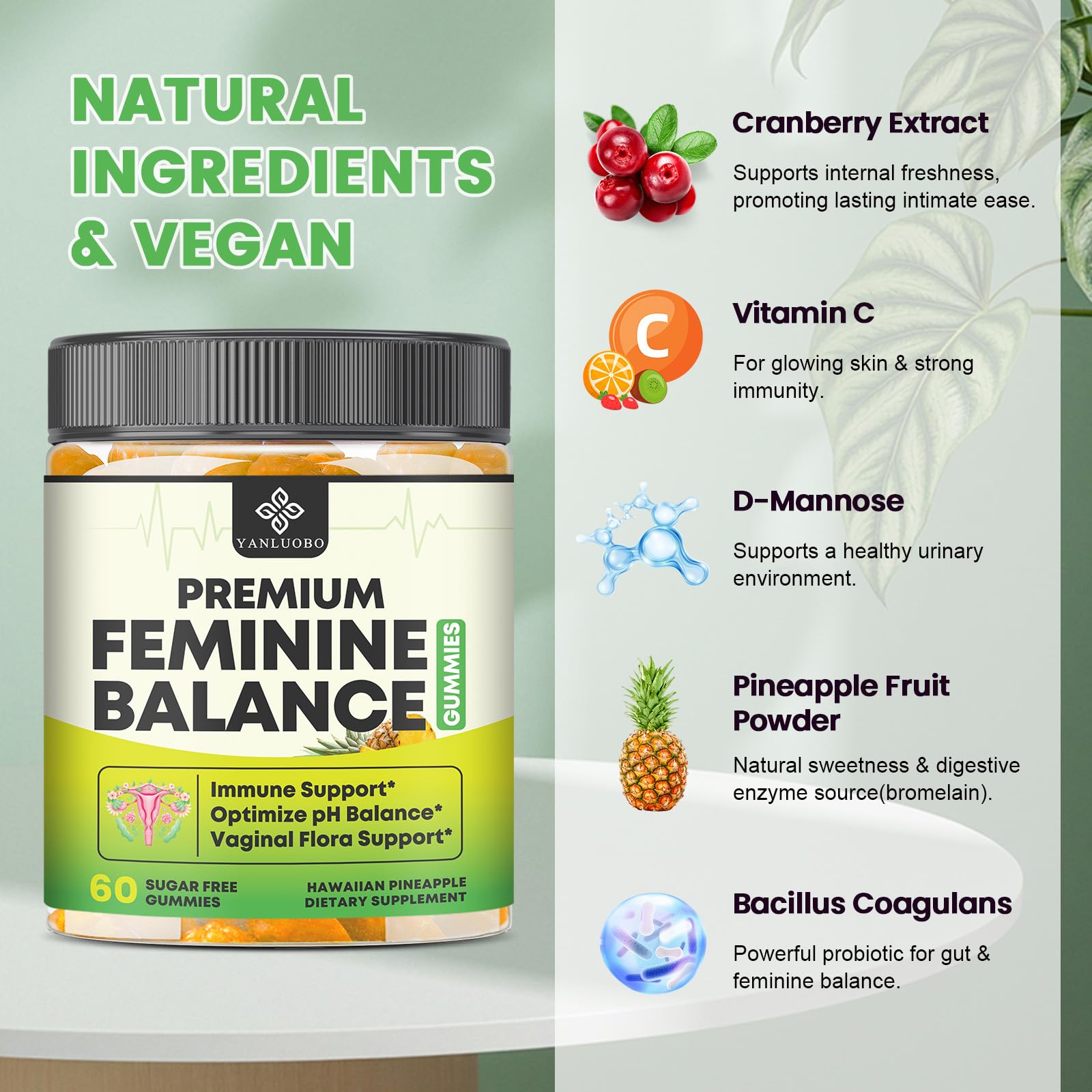 YANLUOBO Feminine Balance Probiotic Gummies - Women's Vaginal Health Support | PH Balance & Odor, Flora, Immune Support | Probiotics for Women, Vegan Pineapple Flavor, 60 Count YANLUOBOAu supplements