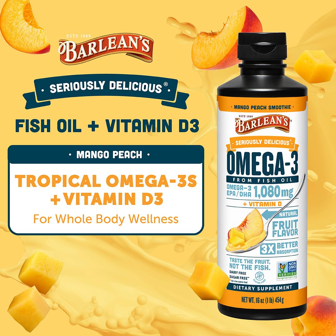 Barlean's Omega 3 Fish Oil Liquid Supplement with Vitamin D for Men and Women, 1080mg of EPA and DHA Fatty Acid, Promotes Brain & Heart Health - Non-GMO, Mango Peach, 16 oz Barlean'sAu supplements