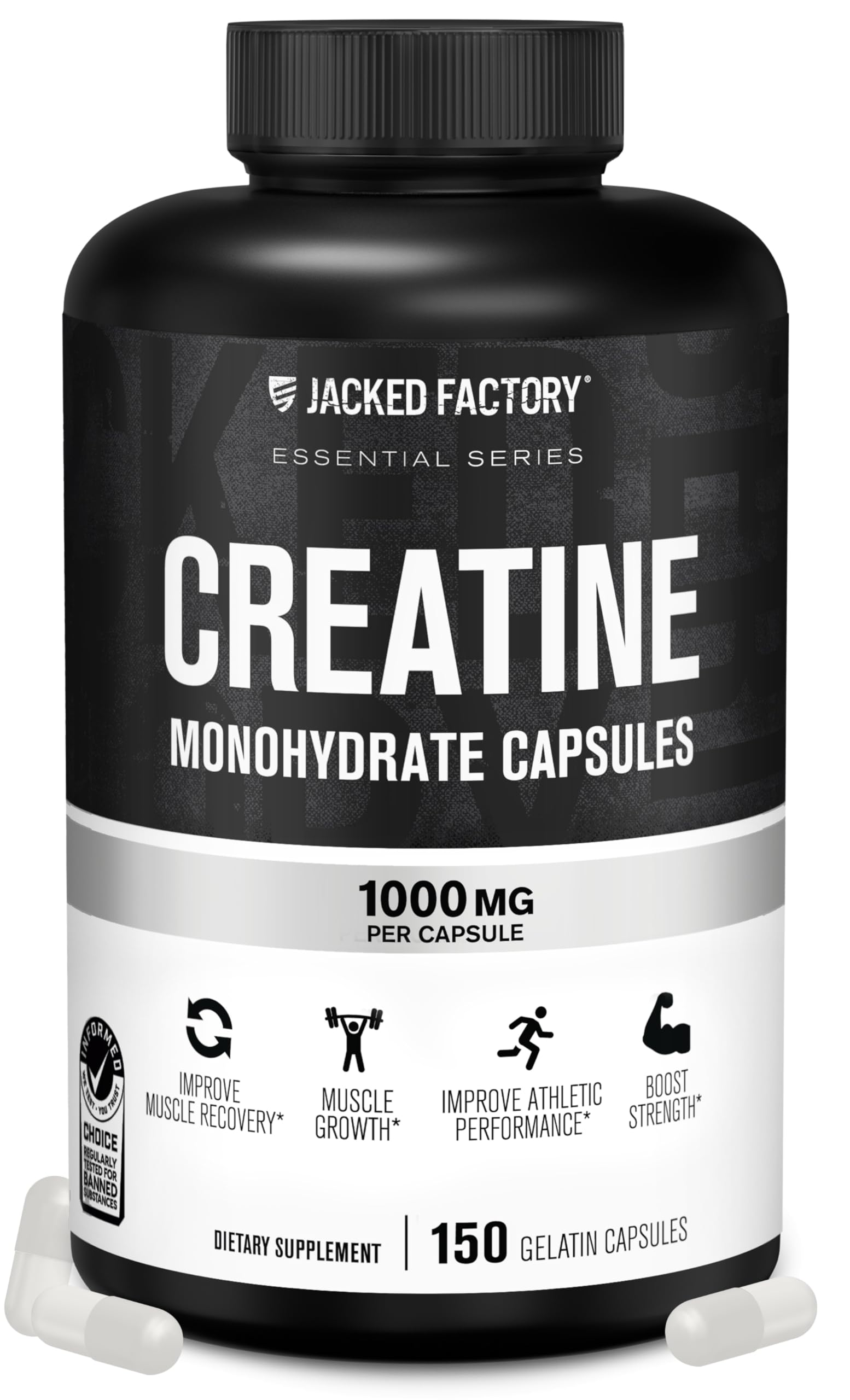 Jacked Factory Creatine Monohydrate Capsules - Creatine Pills for Muscle Growth, Increased Strength, Enhanced Energy Output and Improved Athletic Performance - 150 Capsules Jacked FactoryAu supplements