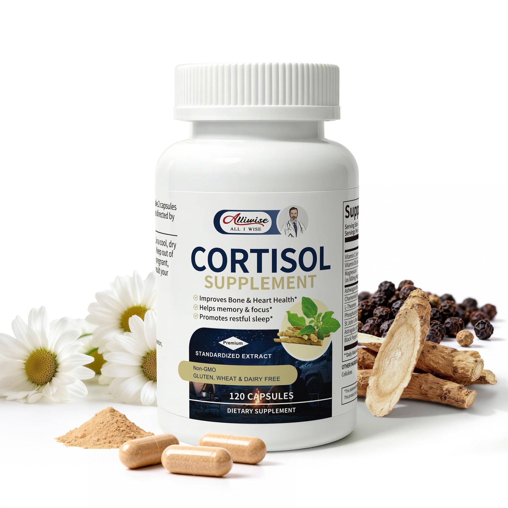 Alliwise Cortisol Supplements for Women and Men with Magnesium, Ashwagandha,L-Theanine,Chamomile & PS,High Cortisol Reducer, Manager, Detox, Lower for Mood,Focus,Sleep,Non-Drowsy,No Melatonin AlliwiseAu supplements